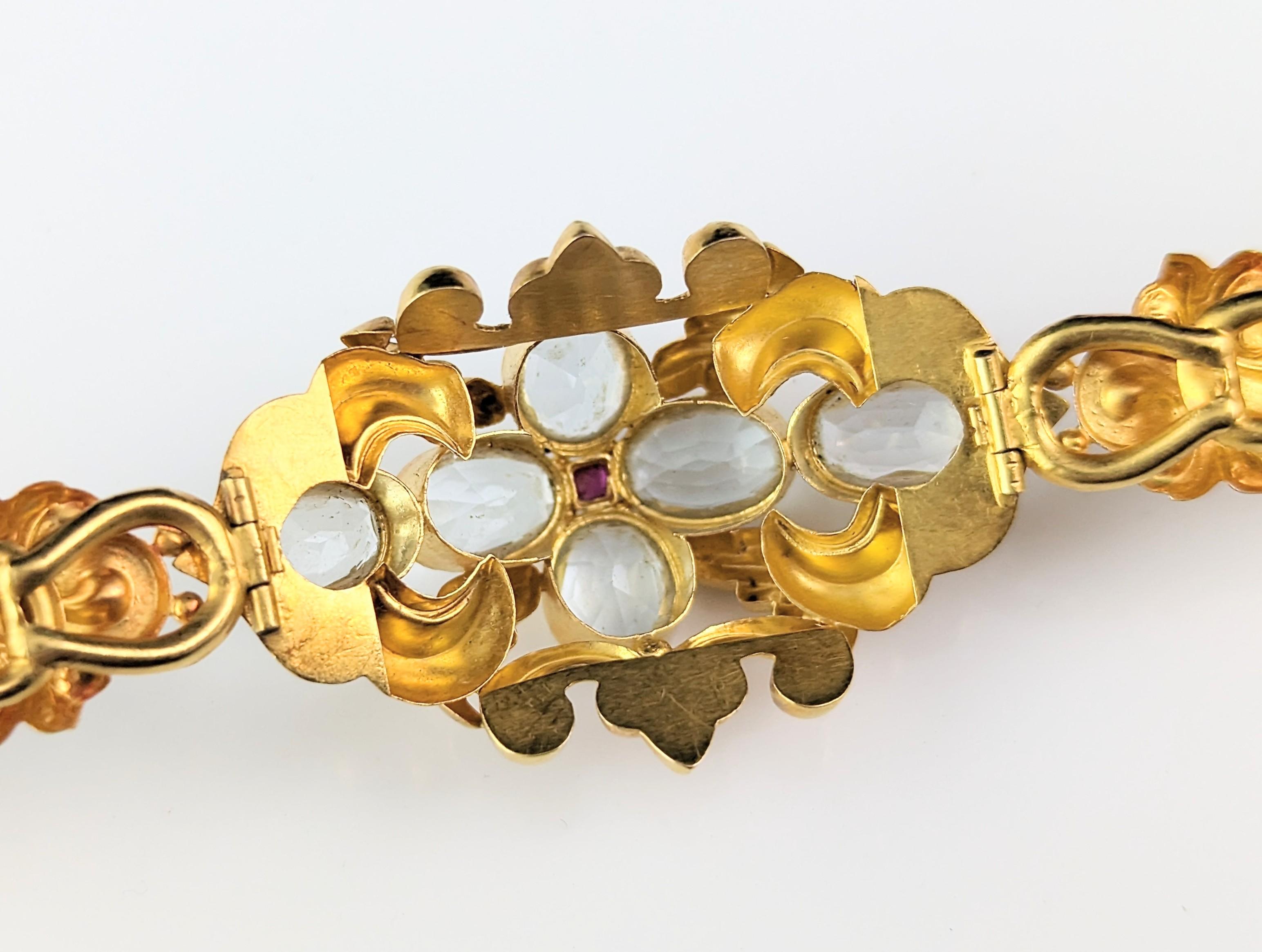 Antique 18k gold Aquamarine and Ruby bracelet, Fancy link, Victorian  8