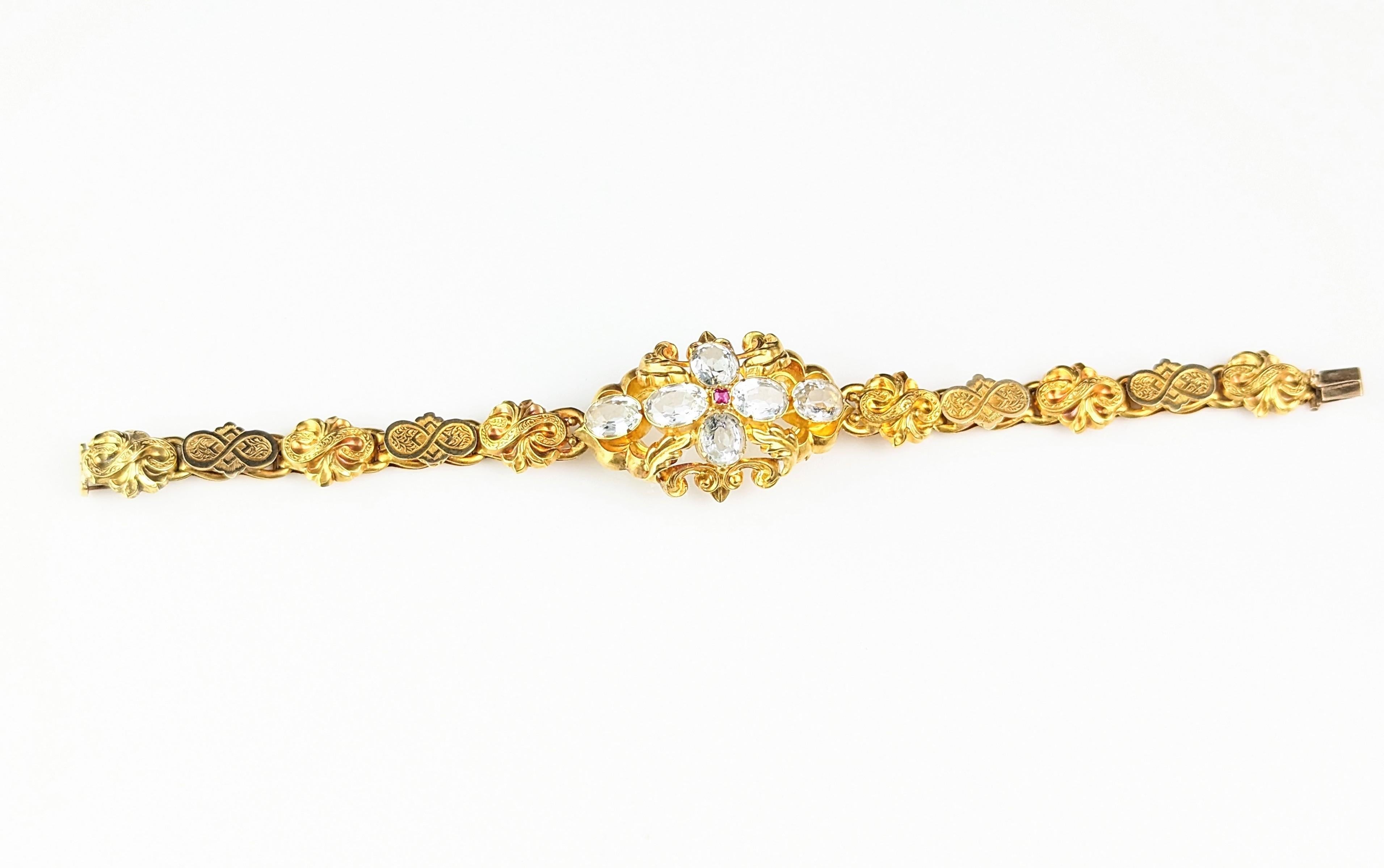 Antique 18k gold Aquamarine and Ruby bracelet, Fancy link, Victorian  9