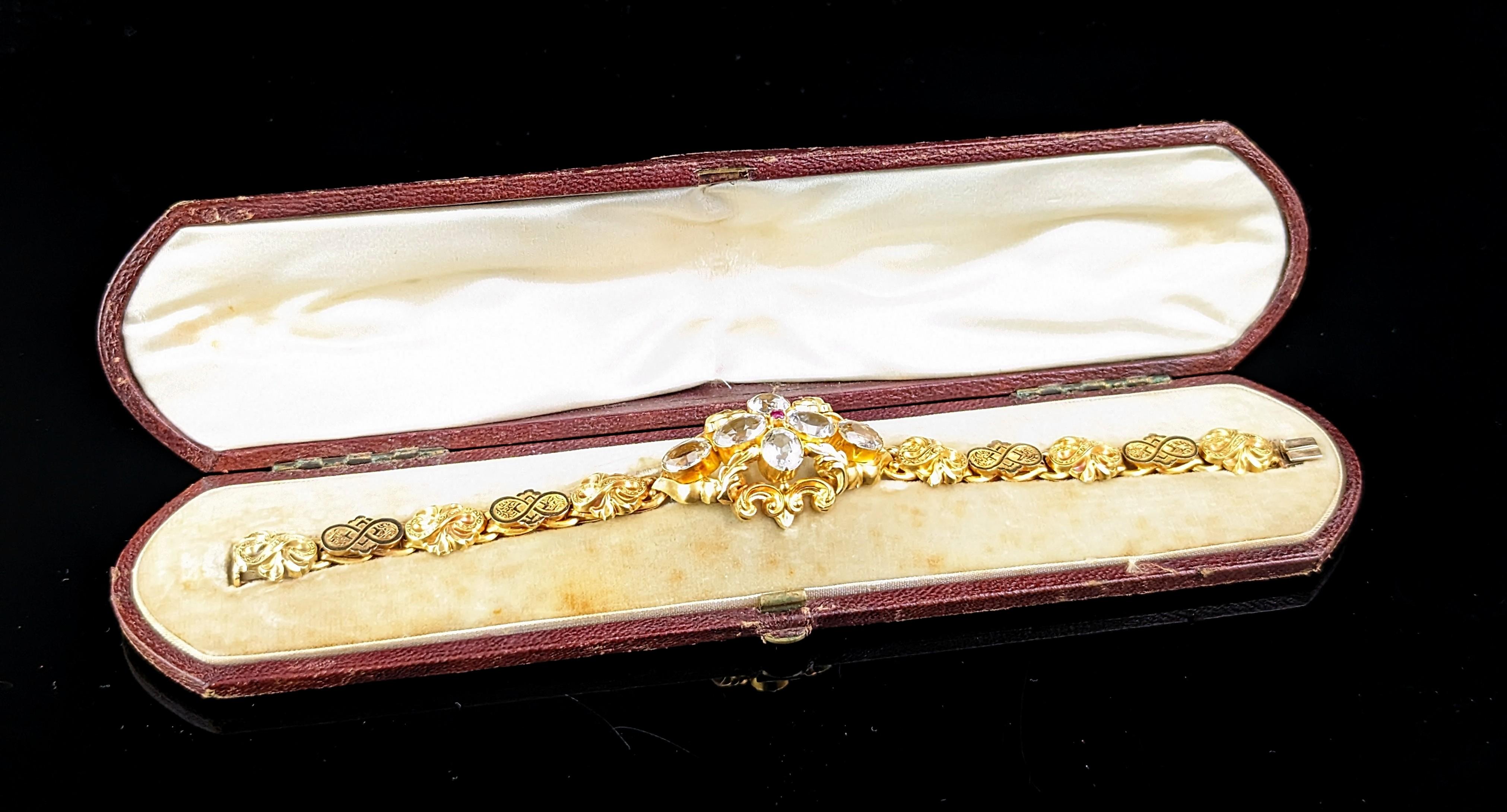 Oval Cut Antique 18k gold Aquamarine and Ruby bracelet, Fancy link, Victorian 