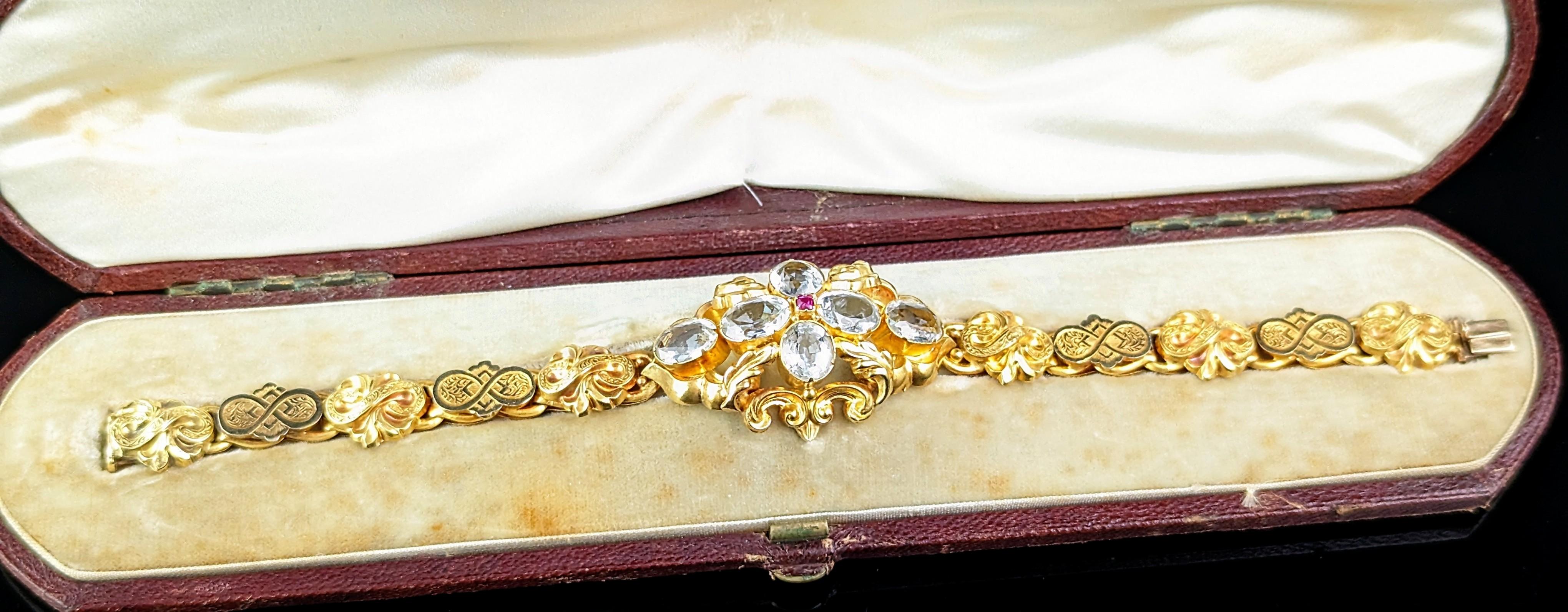 Antique 18k gold Aquamarine and Ruby bracelet, Fancy link, Victorian  In Good Condition In NEWARK, GB