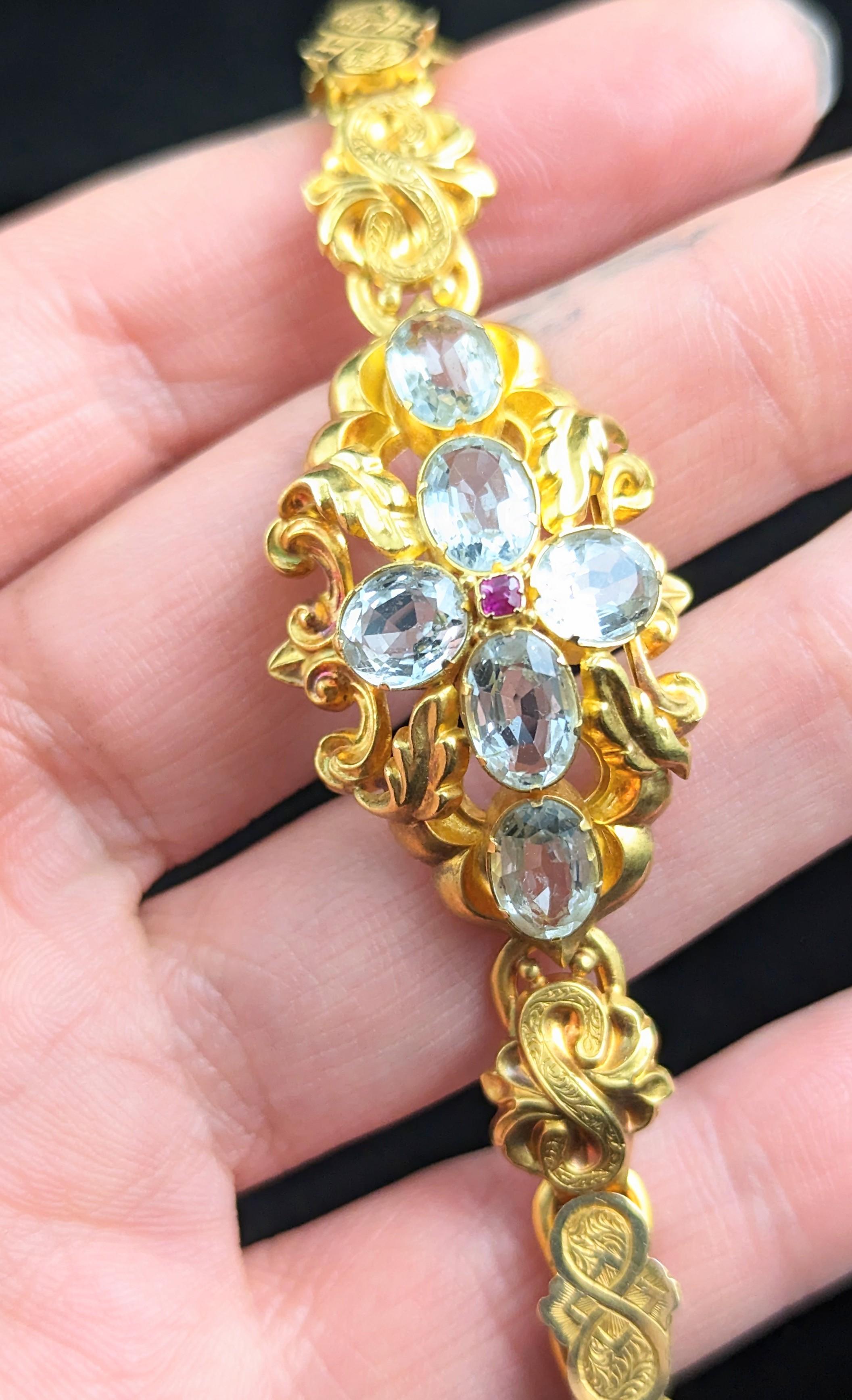 Women's Antique 18k gold Aquamarine and Ruby bracelet, Fancy link, Victorian 