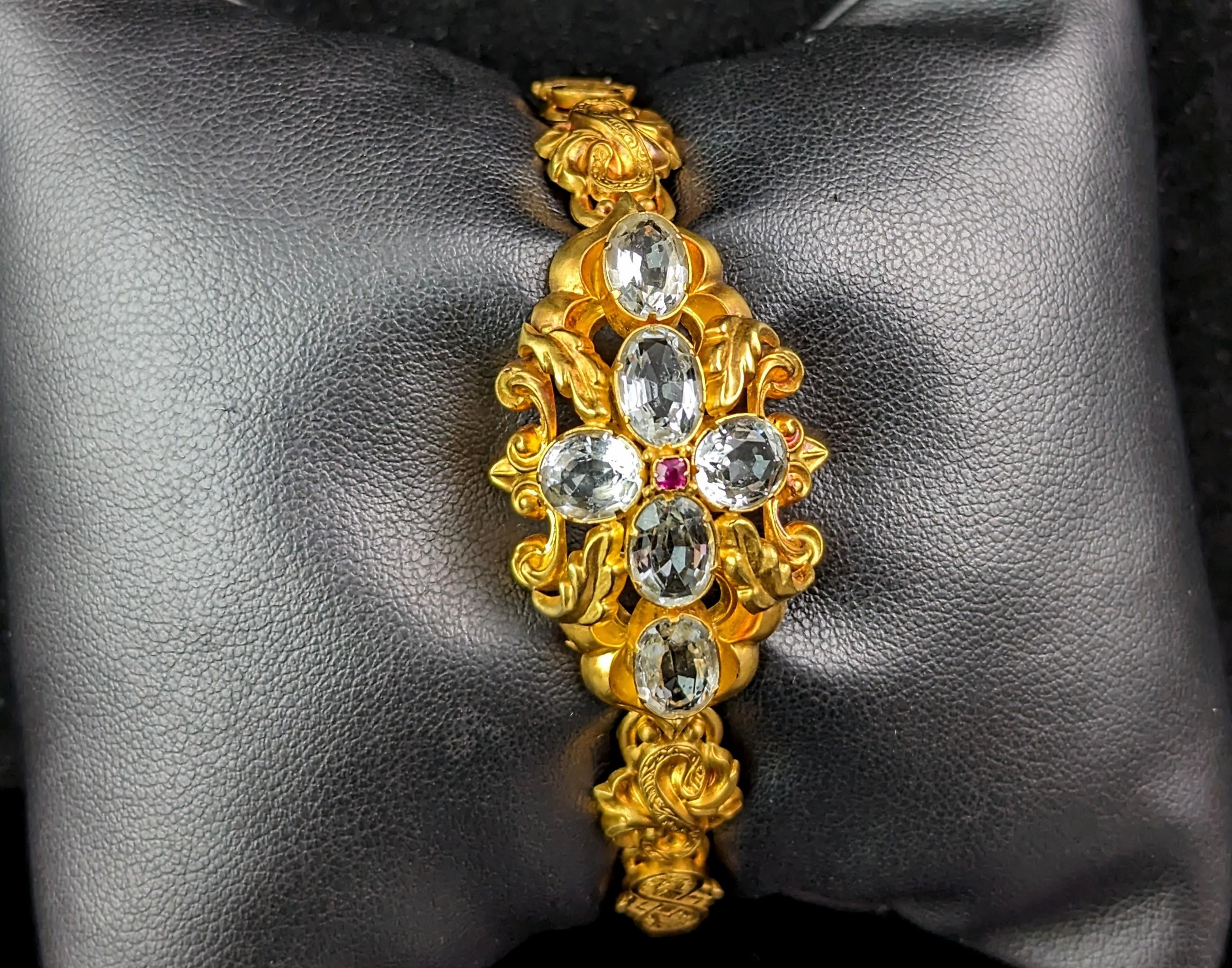 Antique 18k gold Aquamarine and Ruby bracelet, Fancy link, Victorian  3