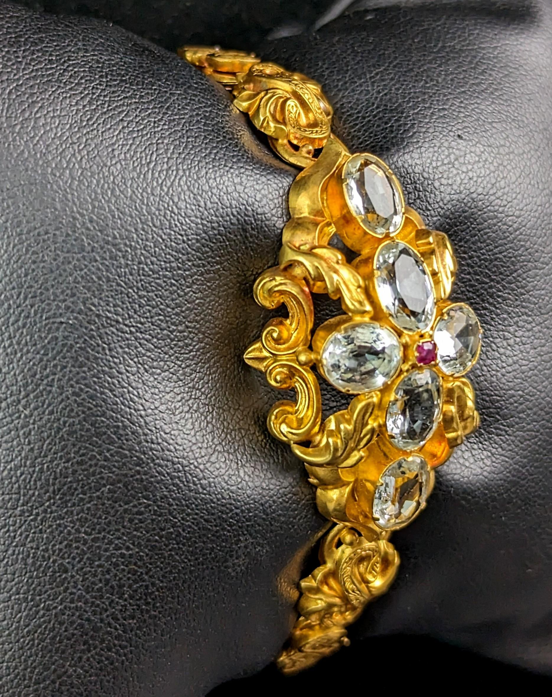 Antique 18k gold Aquamarine and Ruby bracelet, Fancy link, Victorian  4