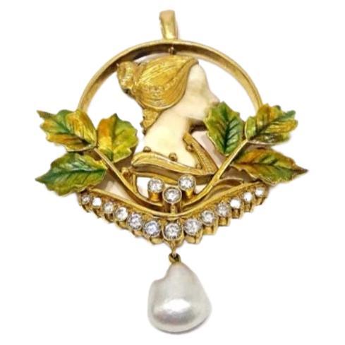 Women's Antique Art Nouveau Diamond Enamel Pearl Gold Pendant For Sale