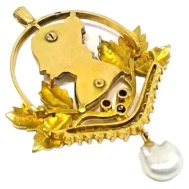 Antique Art Nouveau Diamond Enamel Pearl Gold Pendant For Sale 1