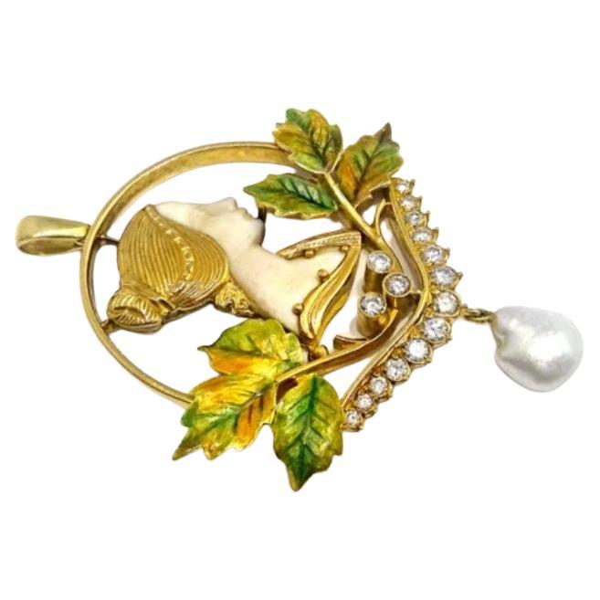 Antique Art Nouveau Diamond Enamel Pearl Gold Pendant For Sale 2