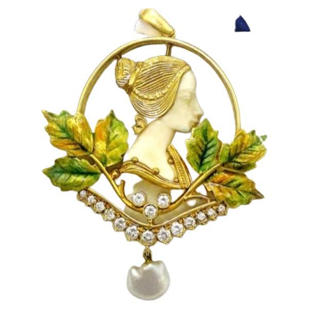 Antique Art Nouveau Diamond Enamel Pearl Gold Pendant In Good Condition For Sale In Cairo, EG