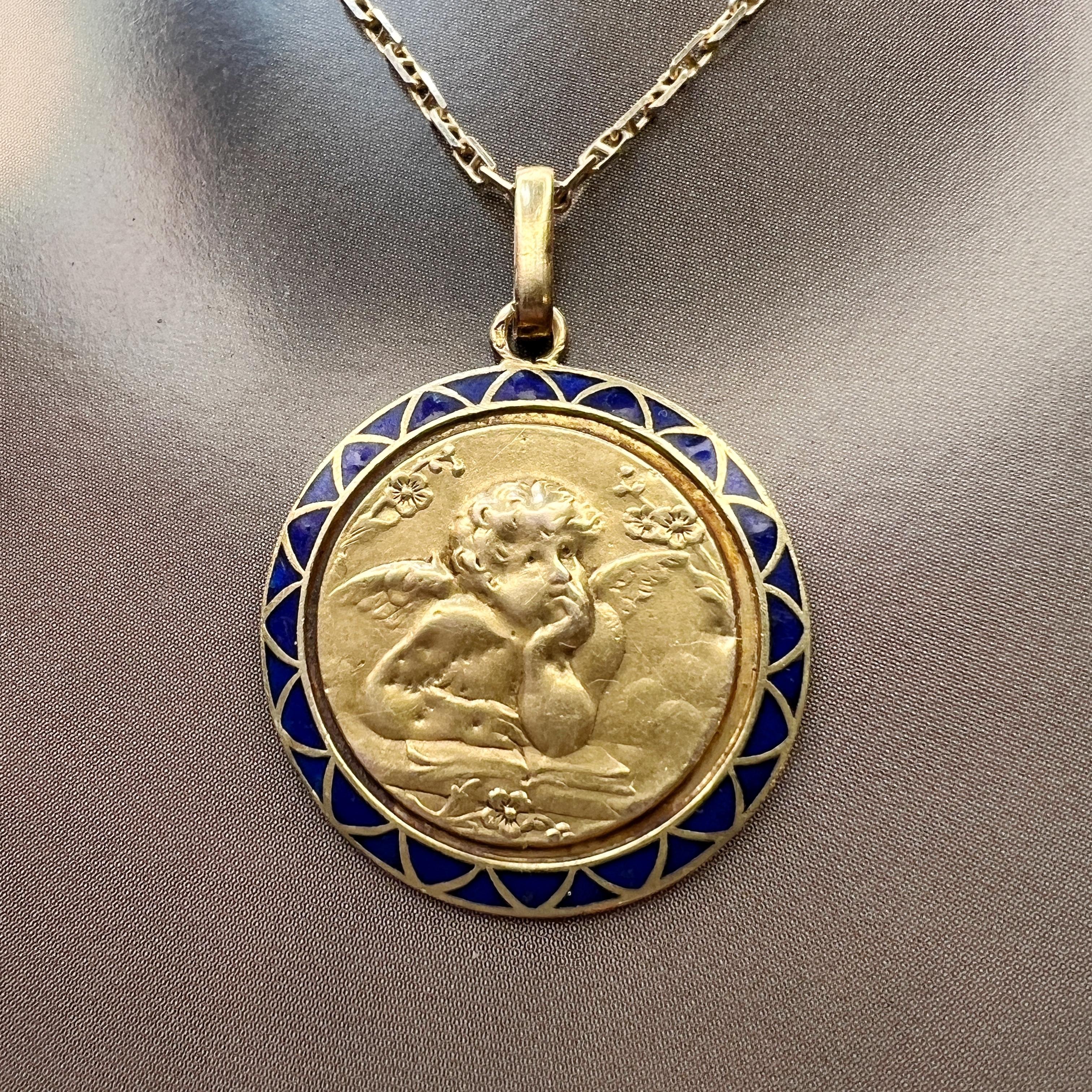 Art Deco Antique 18K gold blue enamel angel pendant For Sale