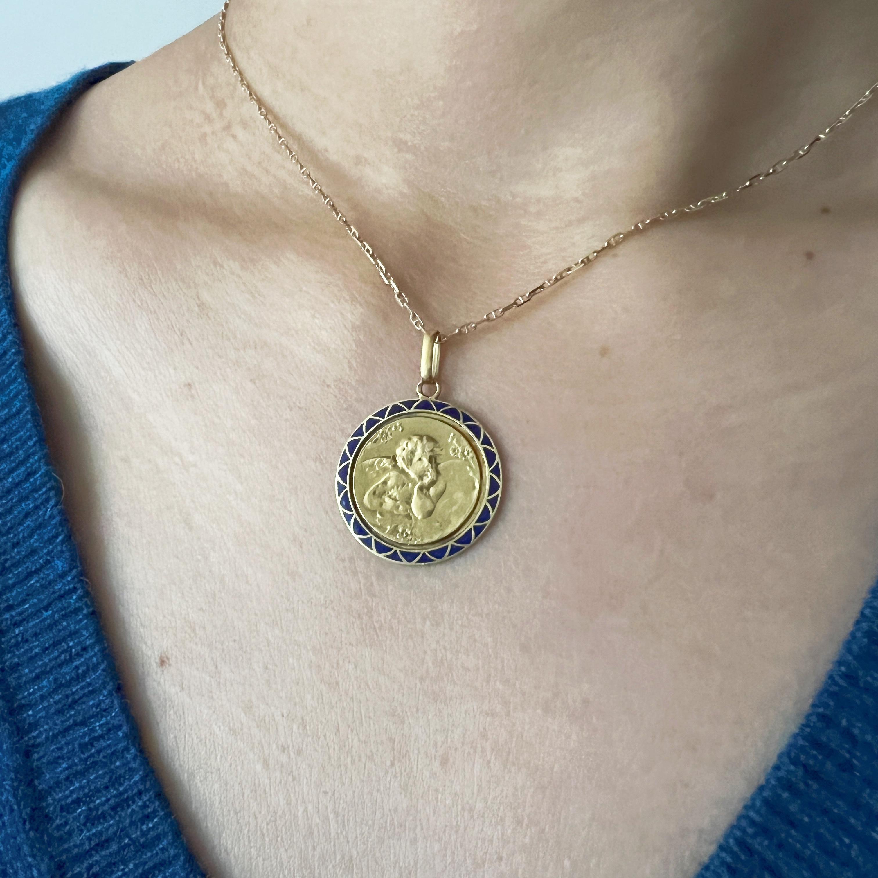 Women's or Men's Antique 18K gold blue enamel angel pendant