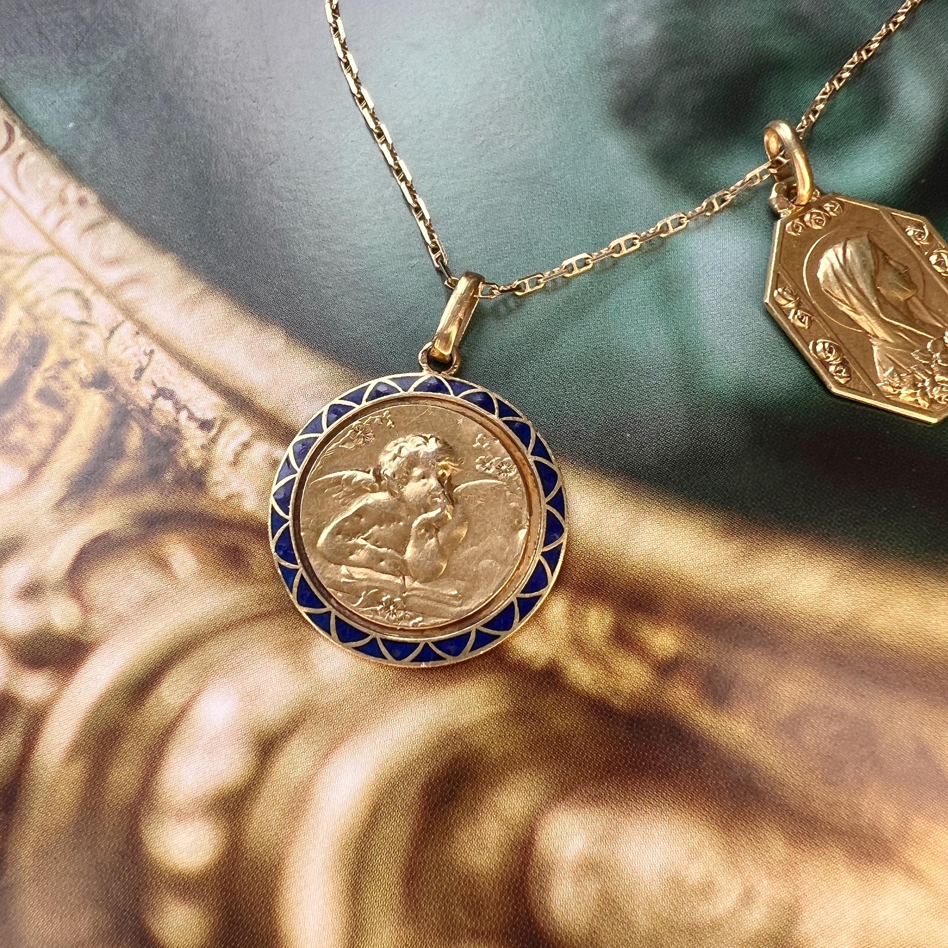 Antique 18K gold blue enamel angel pendant For Sale 2