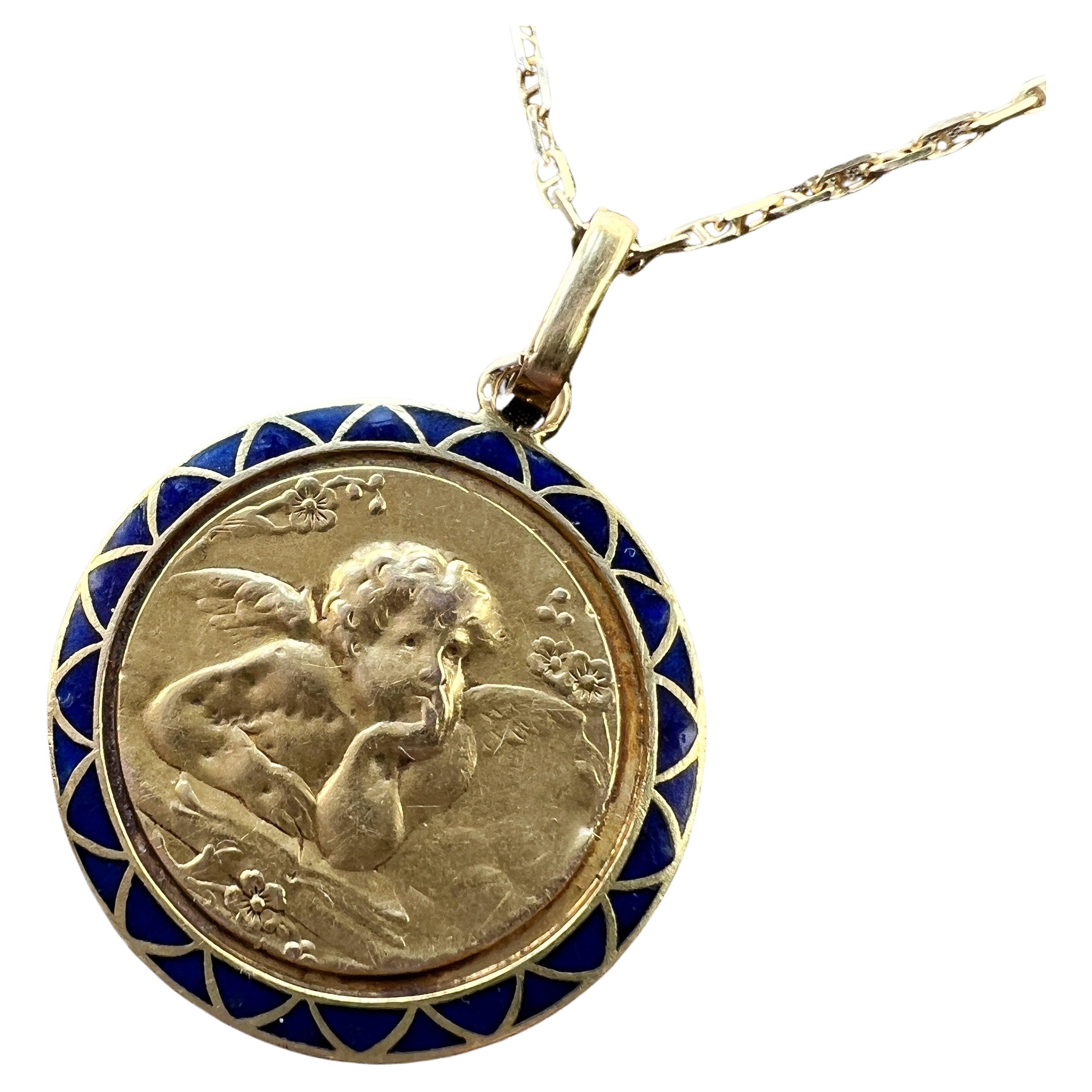 Antique 18K gold blue enamel angel pendant For Sale