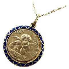 Antique 18K gold blue enamel angel pendant