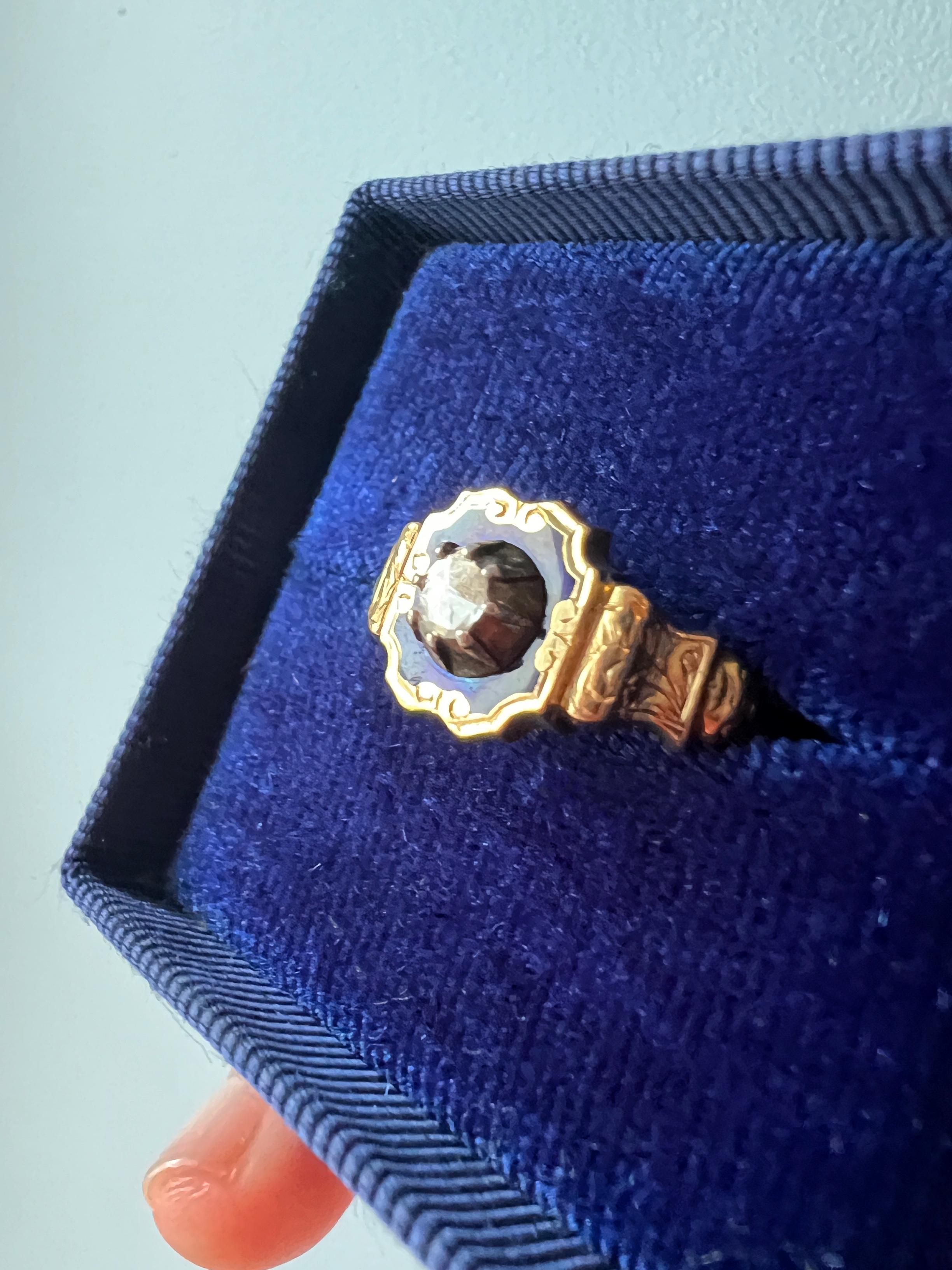 Georgian Antique 18k Gold Blue Enamel Diamond Signet Ring