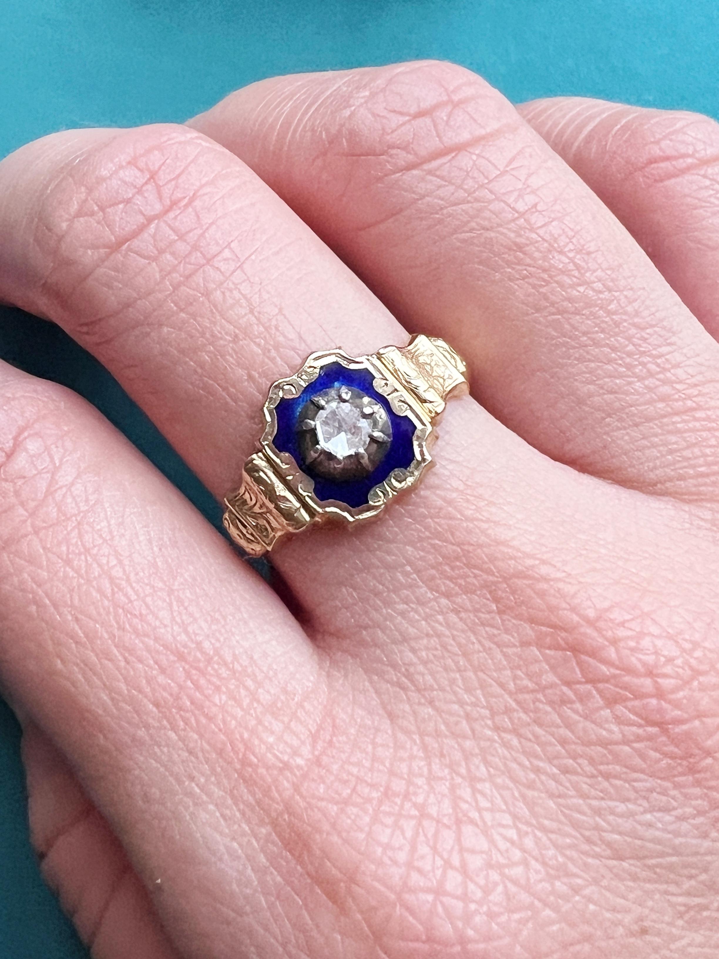 Rose Cut Antique 18k Gold Blue Enamel Diamond Signet Ring