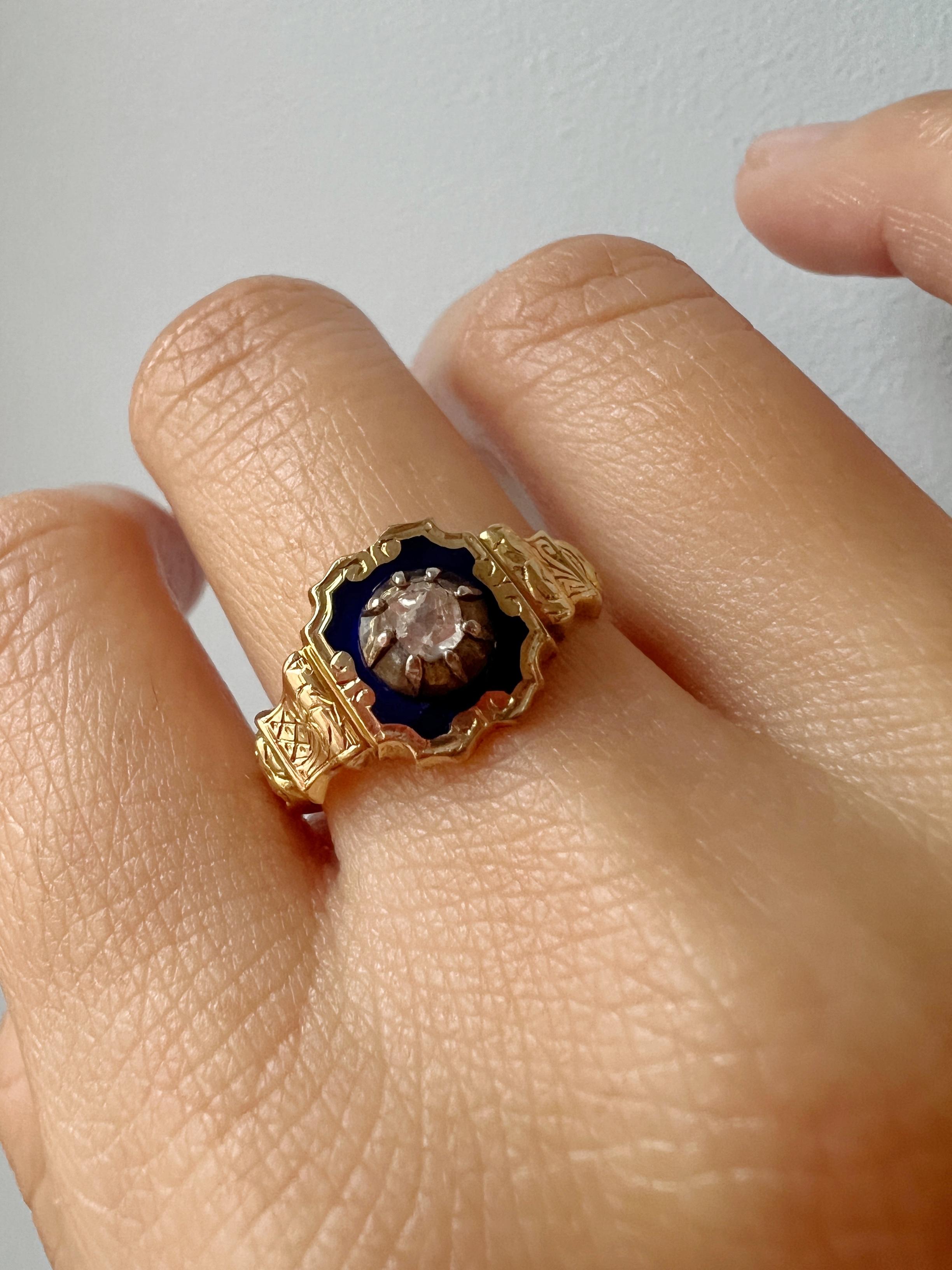 Antique 18k Gold Blue Enamel Diamond Signet Ring 2