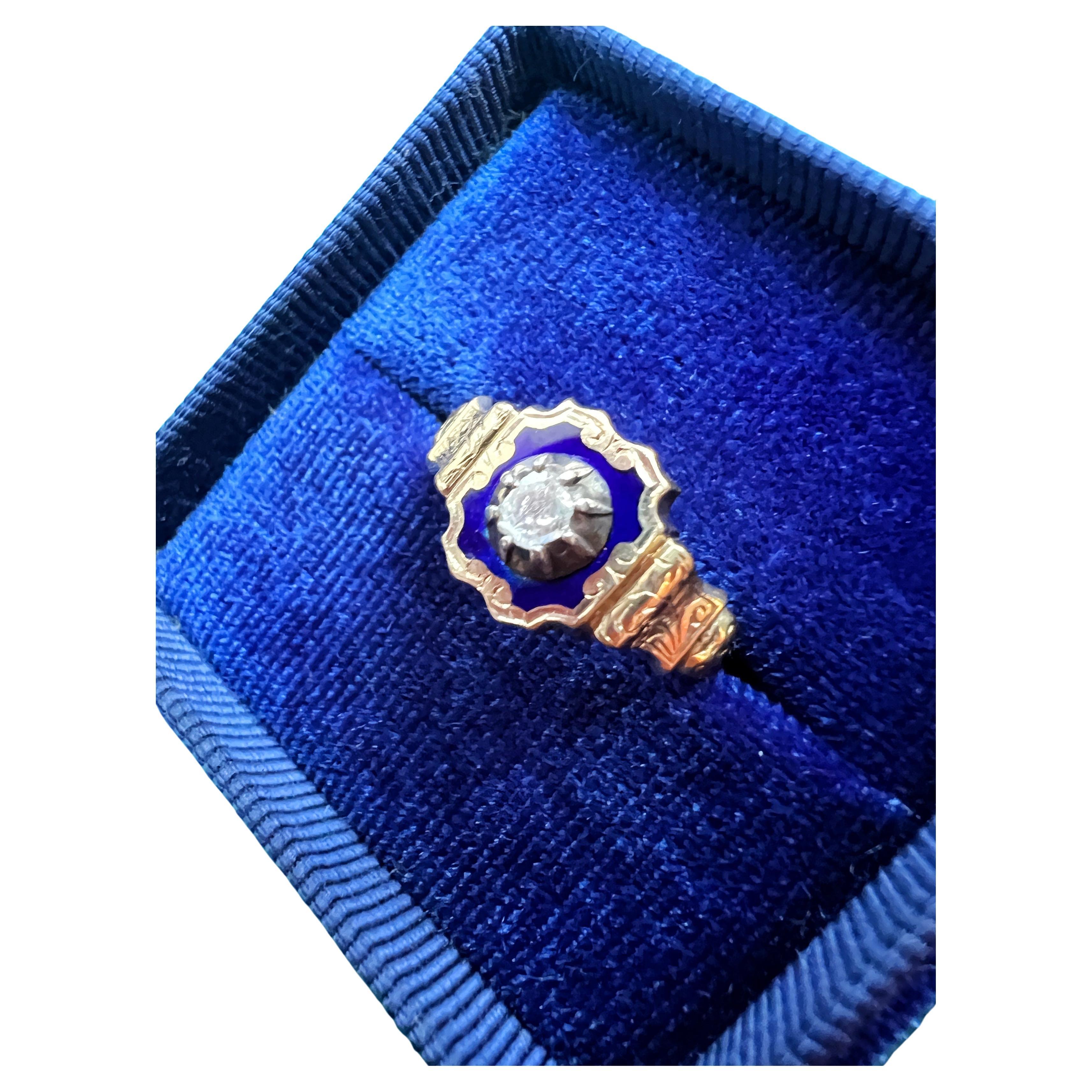 Antique 18k Gold Blue Enamel Diamond Signet Ring