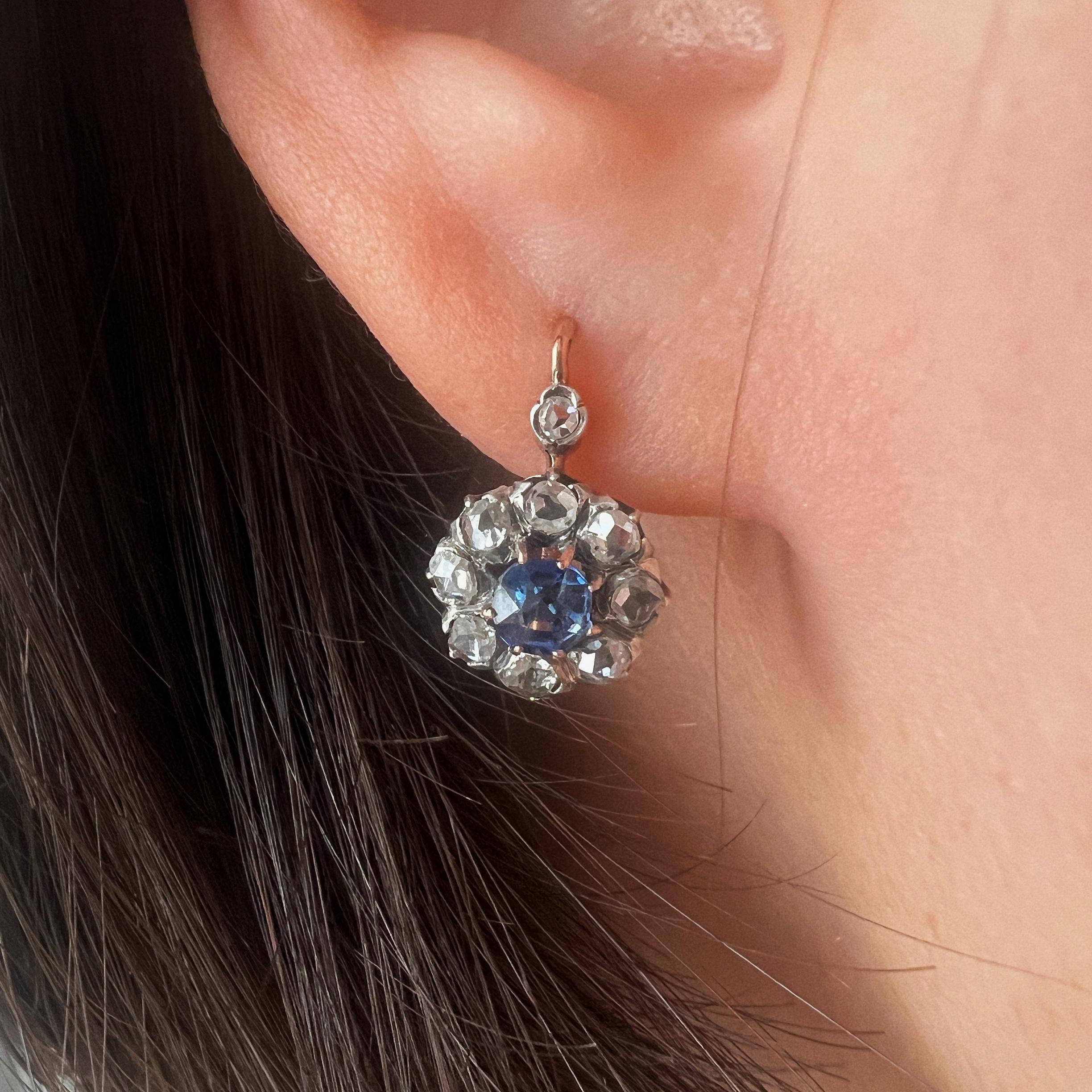 Antique 18k Gold Blue Sapphire Diamond Flower Dangle Earrings 4