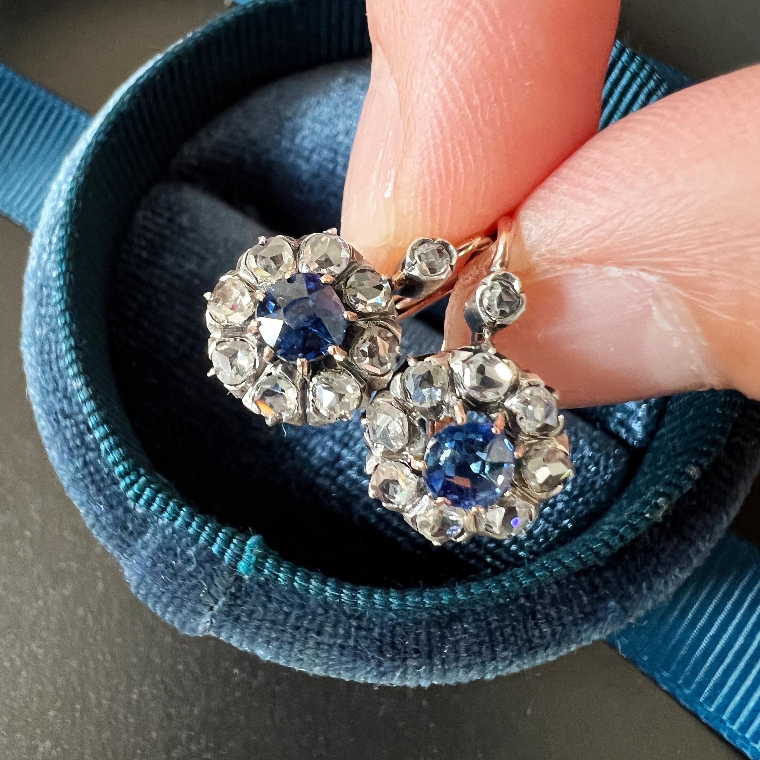 Victorian Antique 18k Gold Blue Sapphire Diamond Flower Dangle Earrings