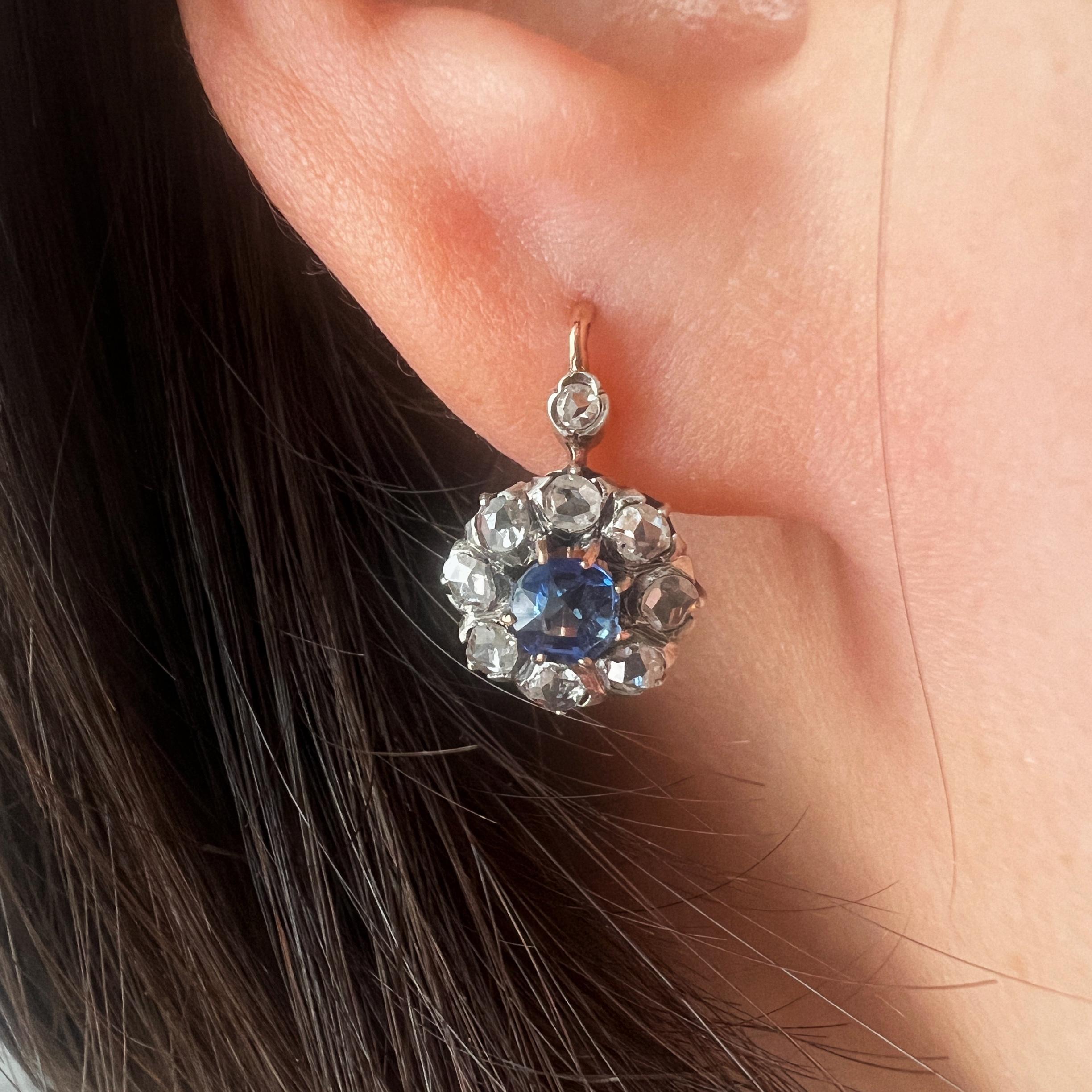 Rose Cut Antique 18k Gold Blue Sapphire Diamond Flower Dangle Earrings