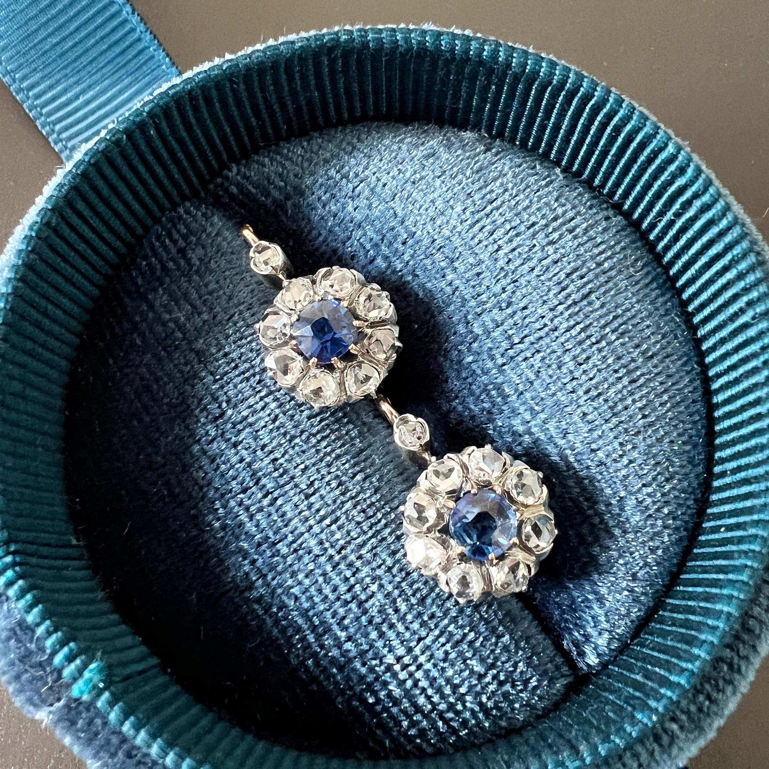 Women's or Men's Antique 18k Gold Blue Sapphire Diamond Flower Dangle Earrings