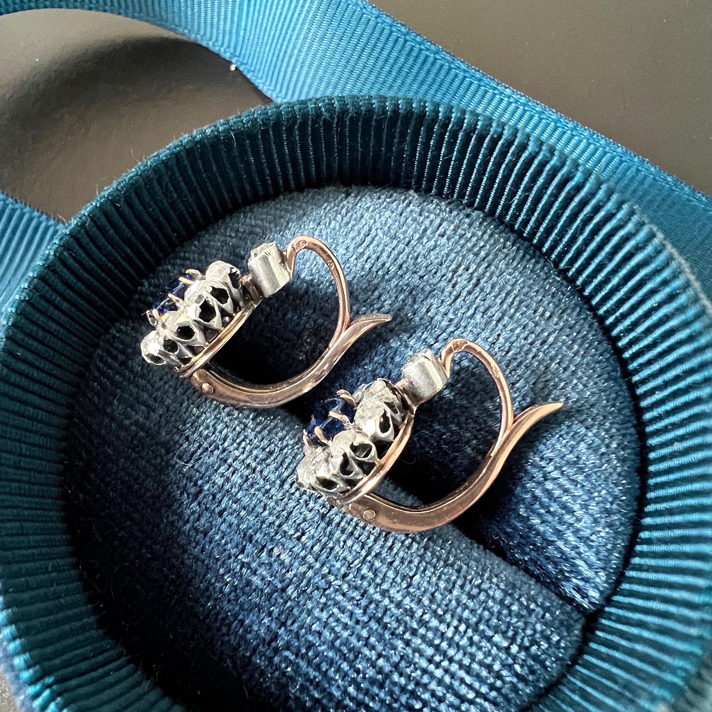 Antique 18k Gold Blue Sapphire Diamond Flower Dangle Earrings 1