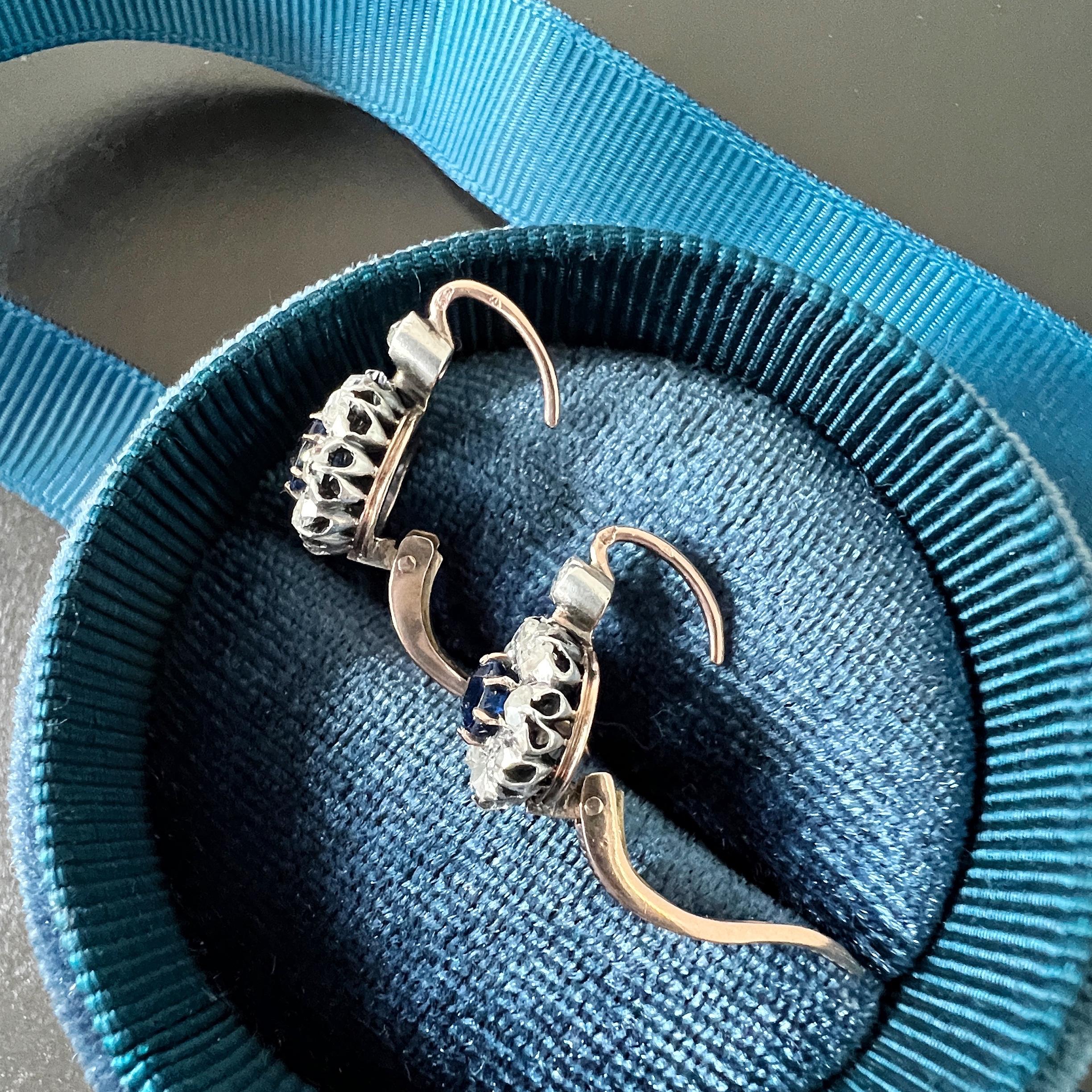 Antique 18k Gold Blue Sapphire Diamond Flower Dangle Earrings 2