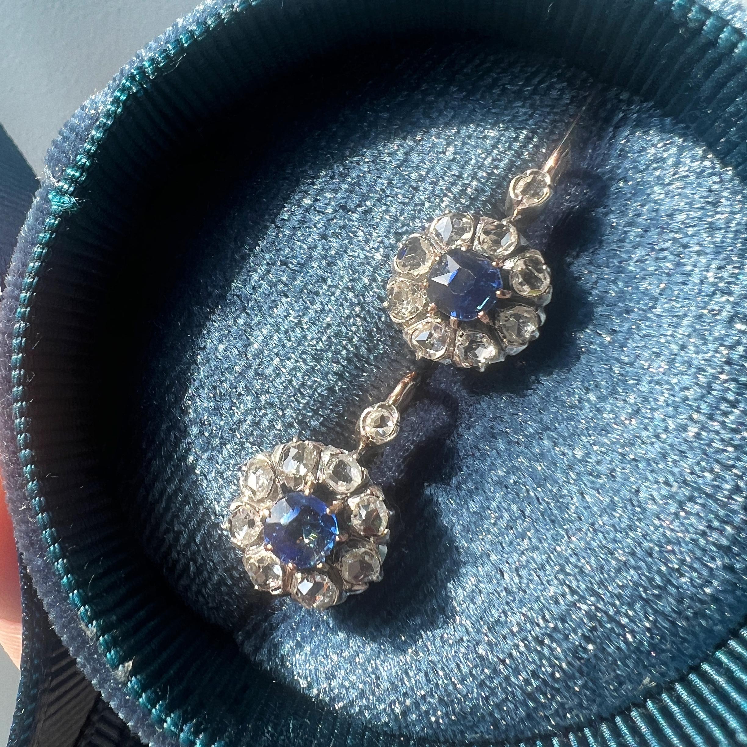Antique 18k Gold Blue Sapphire Diamond Flower Dangle Earrings 3
