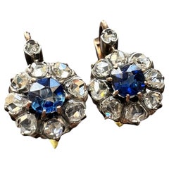 Antique 18k Gold Blue Sapphire Diamond Flower Dangle Earrings