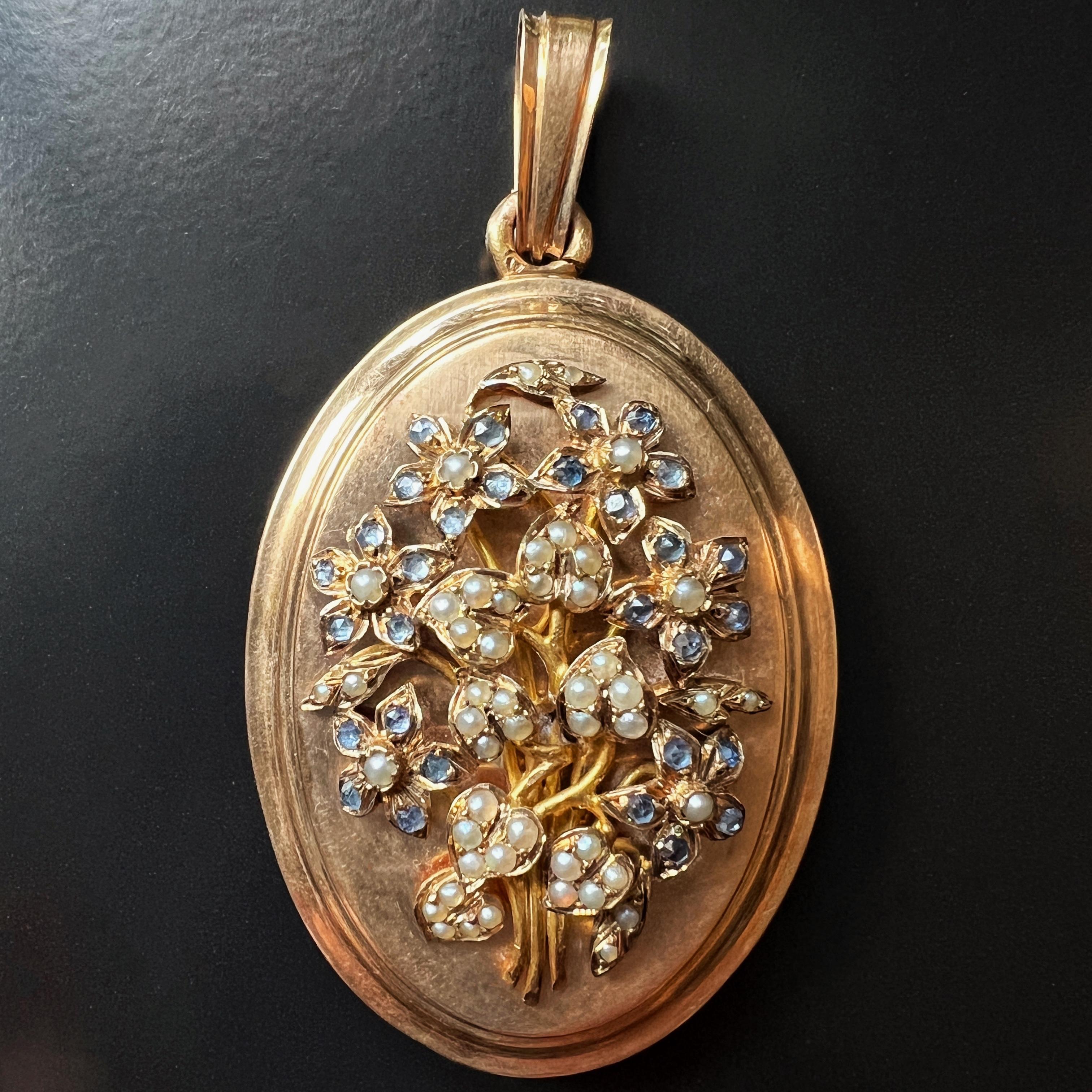 Pendentif médaillon ancien en or 18 carats, saphir bleu, perles naturelles et fleurs 5
