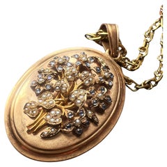 Antique 18K gold blue sapphire natural pearl flowers locket pendant