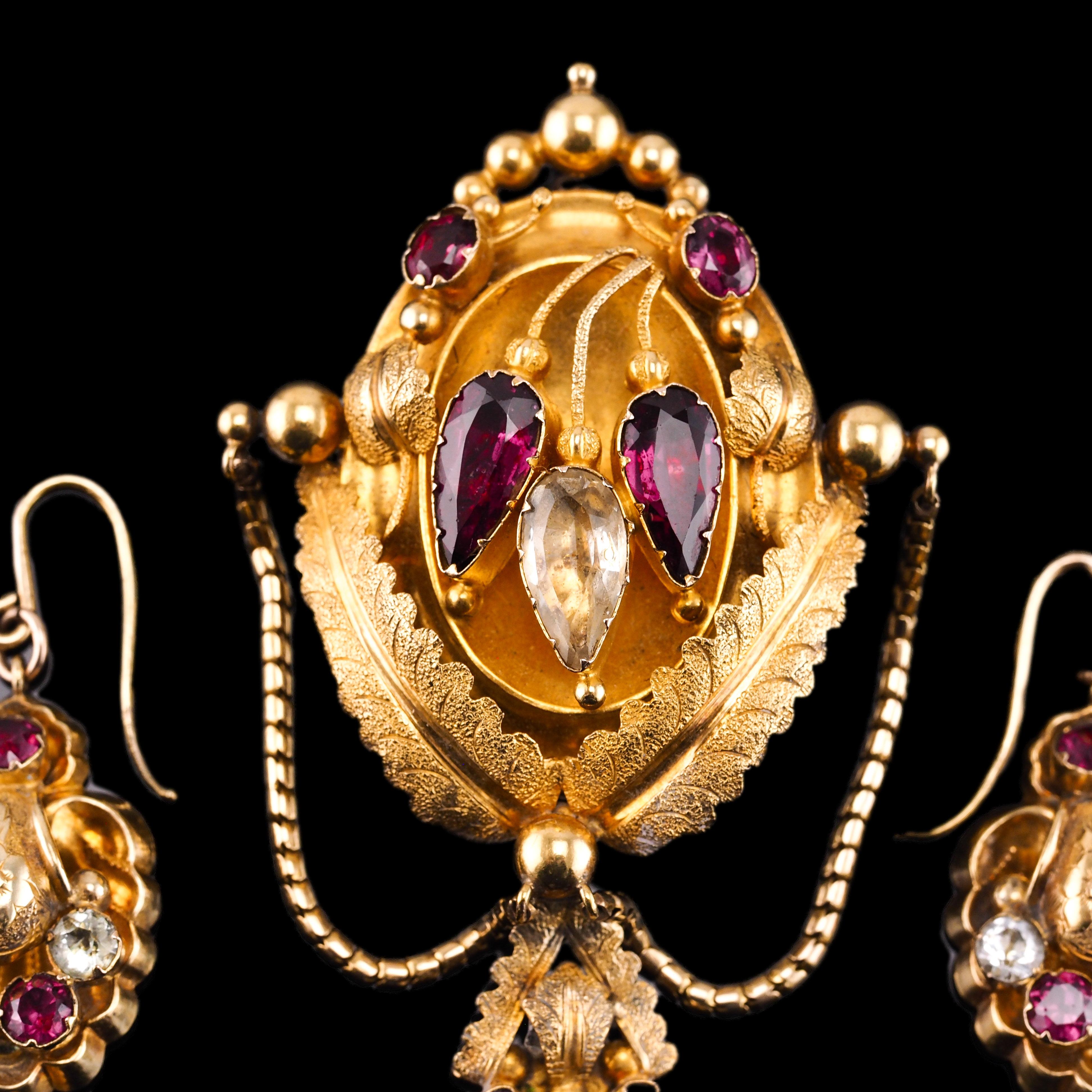 Antique 18K Gold Brooch Pendant & Earrings Garnet & Chrysoberyl - c.1870 For Sale 6