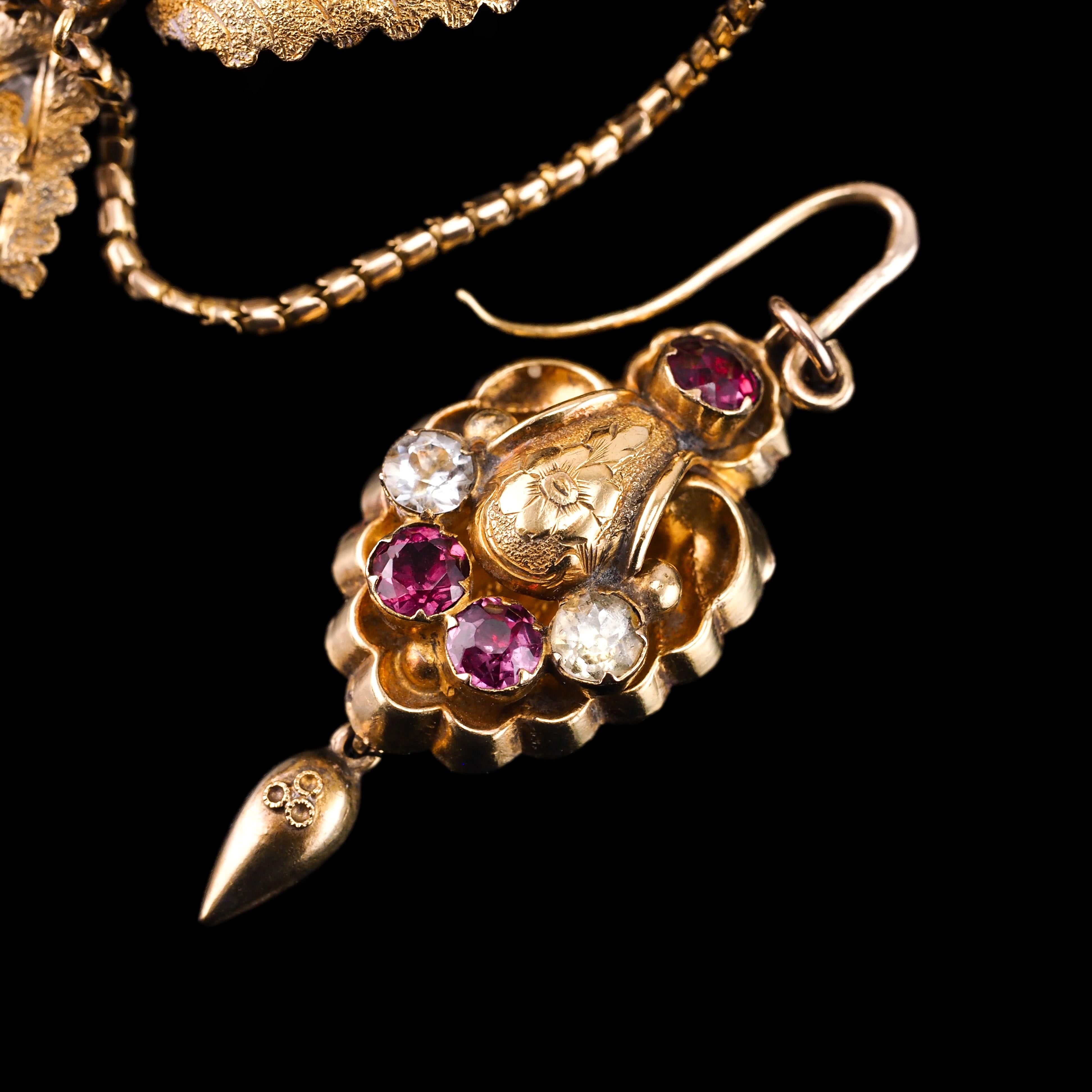 Antique 18K Gold Brooch Pendant & Earrings Garnet & Chrysoberyl - c.1870 11