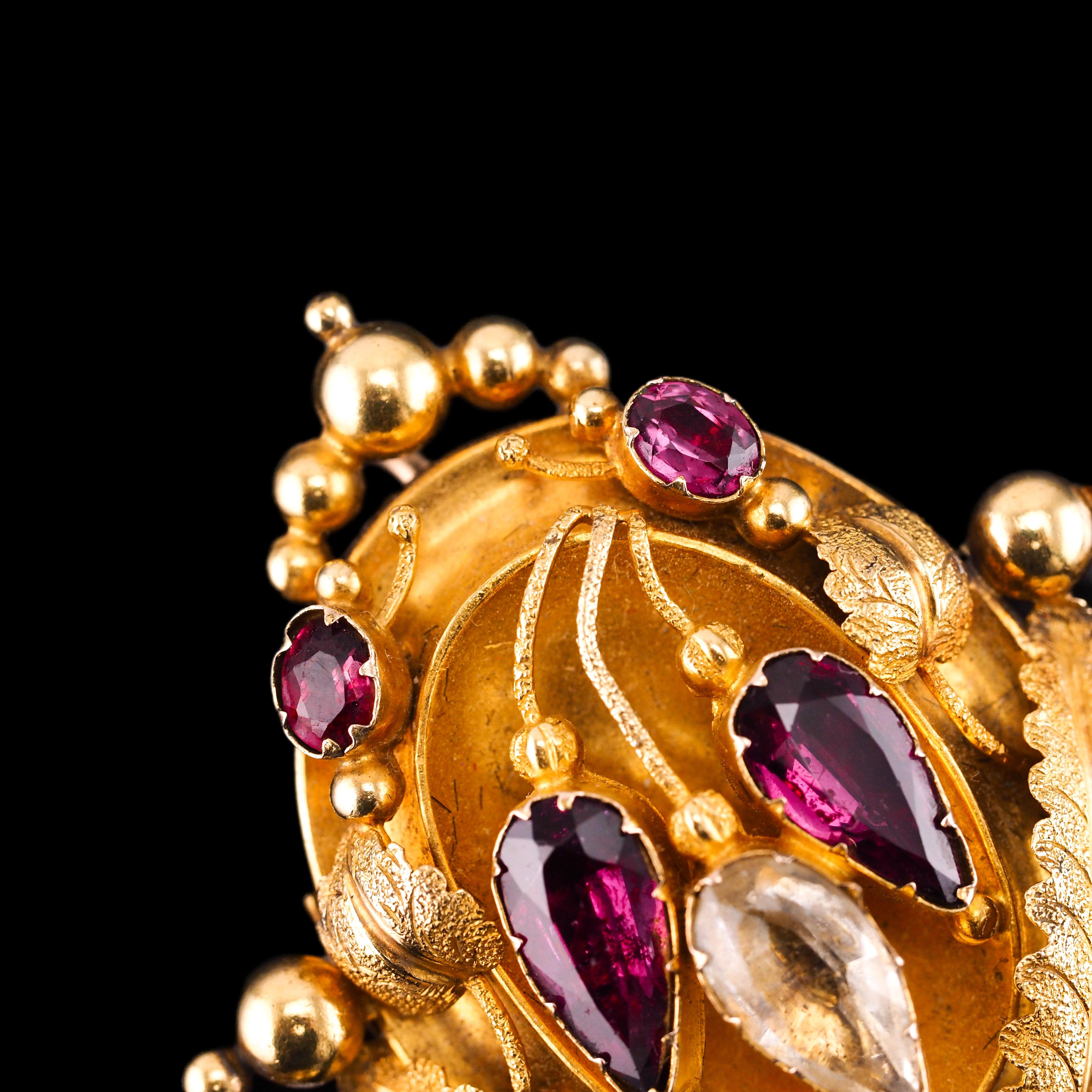 Antique 18K Gold Brooch Pendant & Earrings Garnet & Chrysoberyl - c.1870 For Sale 13