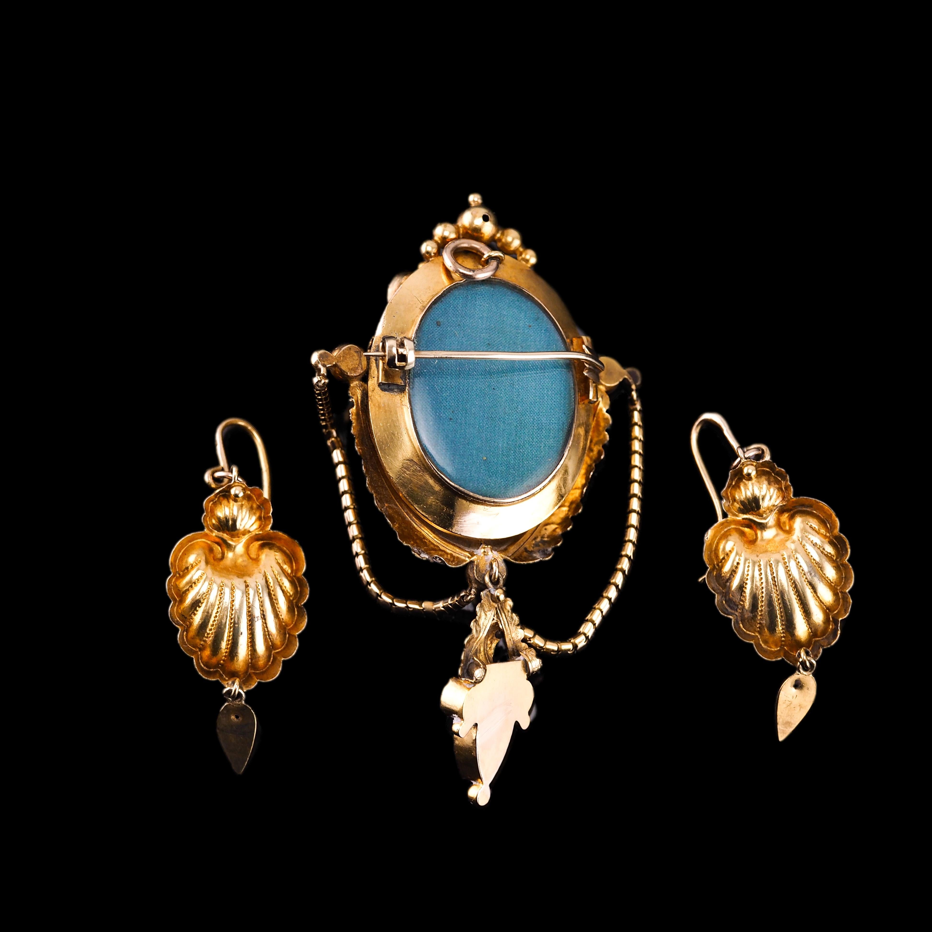 Antique 18K Gold Brooch Pendant & Earrings Garnet & Chrysoberyl - c.1870 For Sale 14