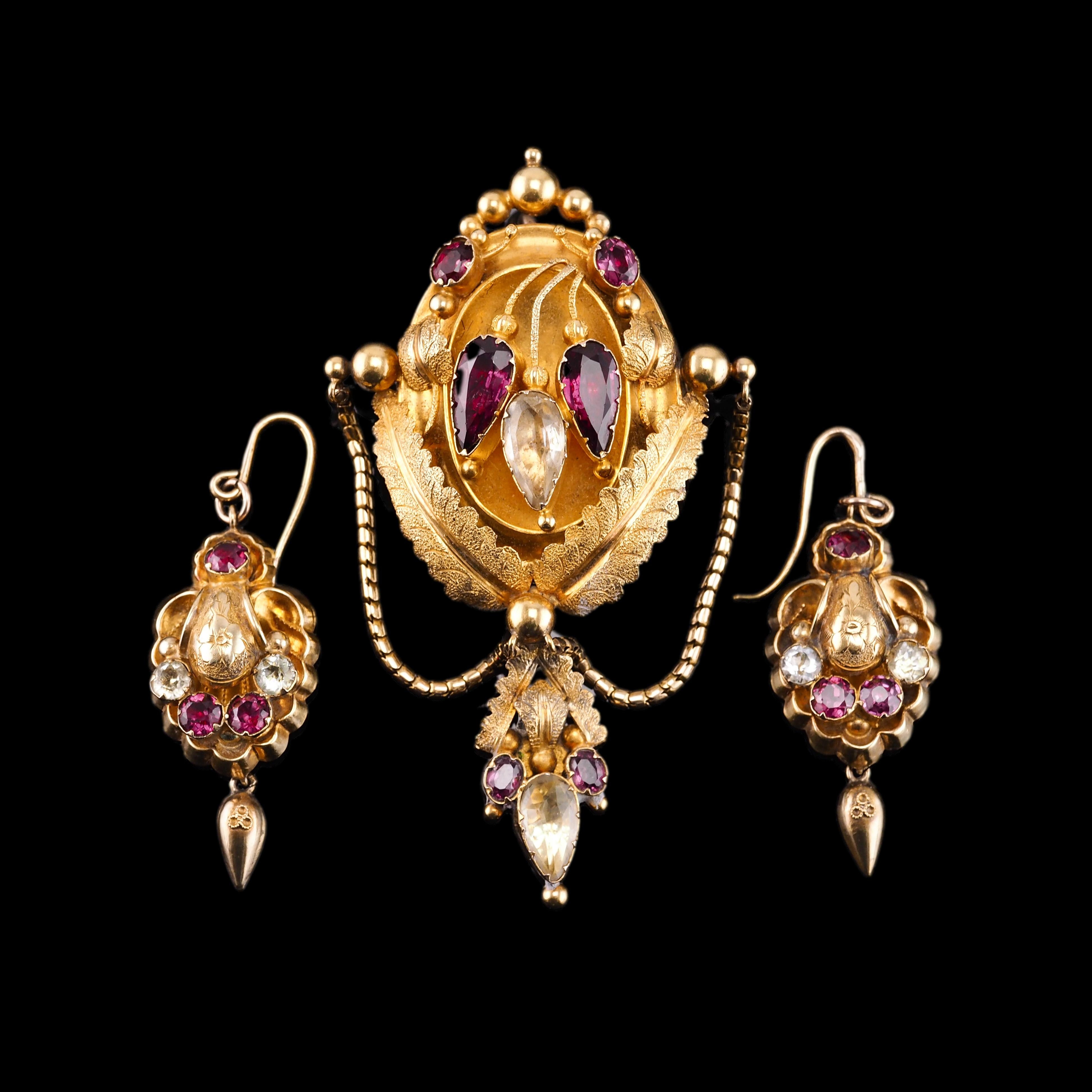 Welcome to Artisan Antiques based in Mayfair, London - We are delighted to offer this magnificent three-piece set of Victorian 18ct gold brooch/pendant & earrings. *Please note that the photographed antique hardshell box is not included and is for