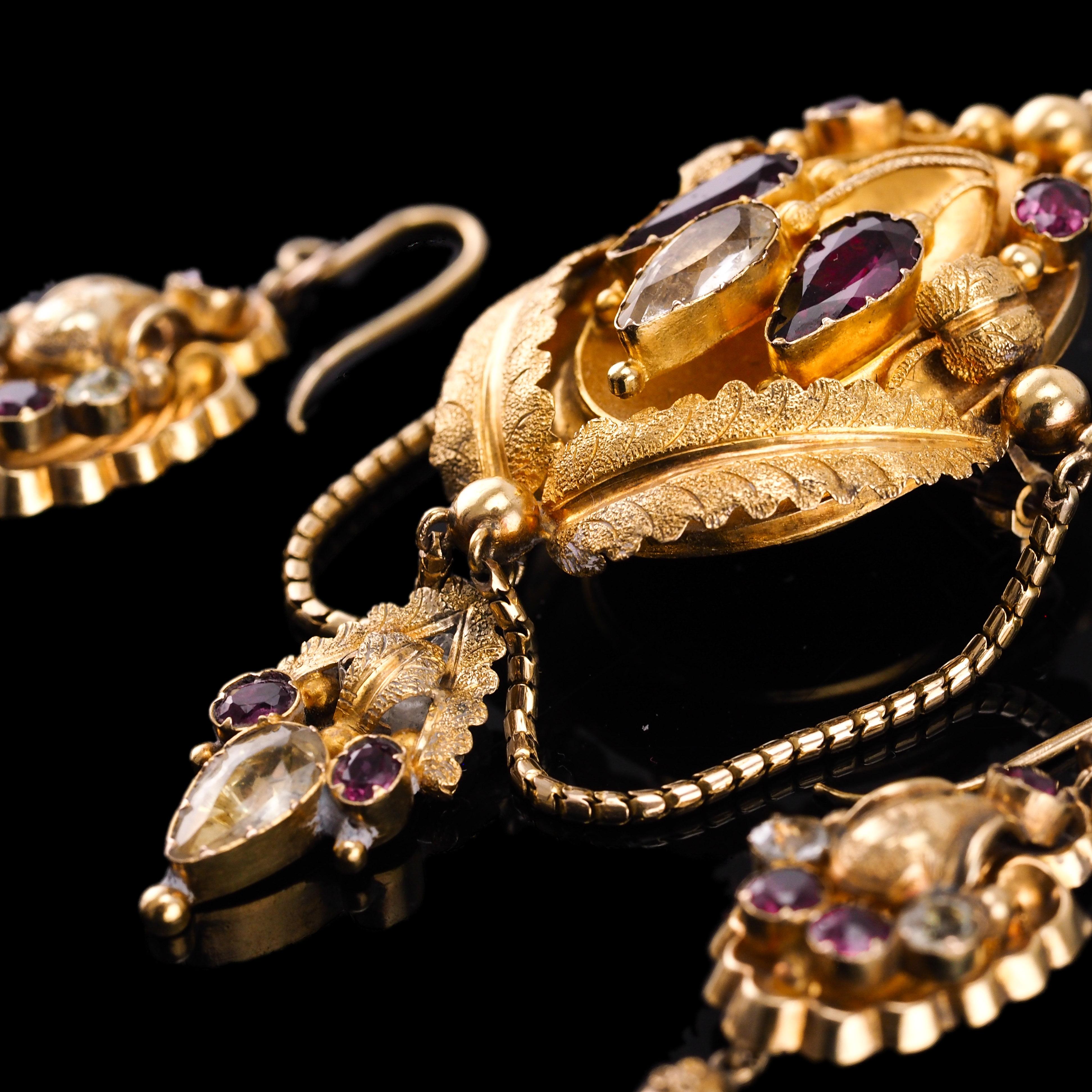 Antique 18K Gold Brooch Pendant & Earrings Garnet & Chrysoberyl - c.1870 For Sale 4