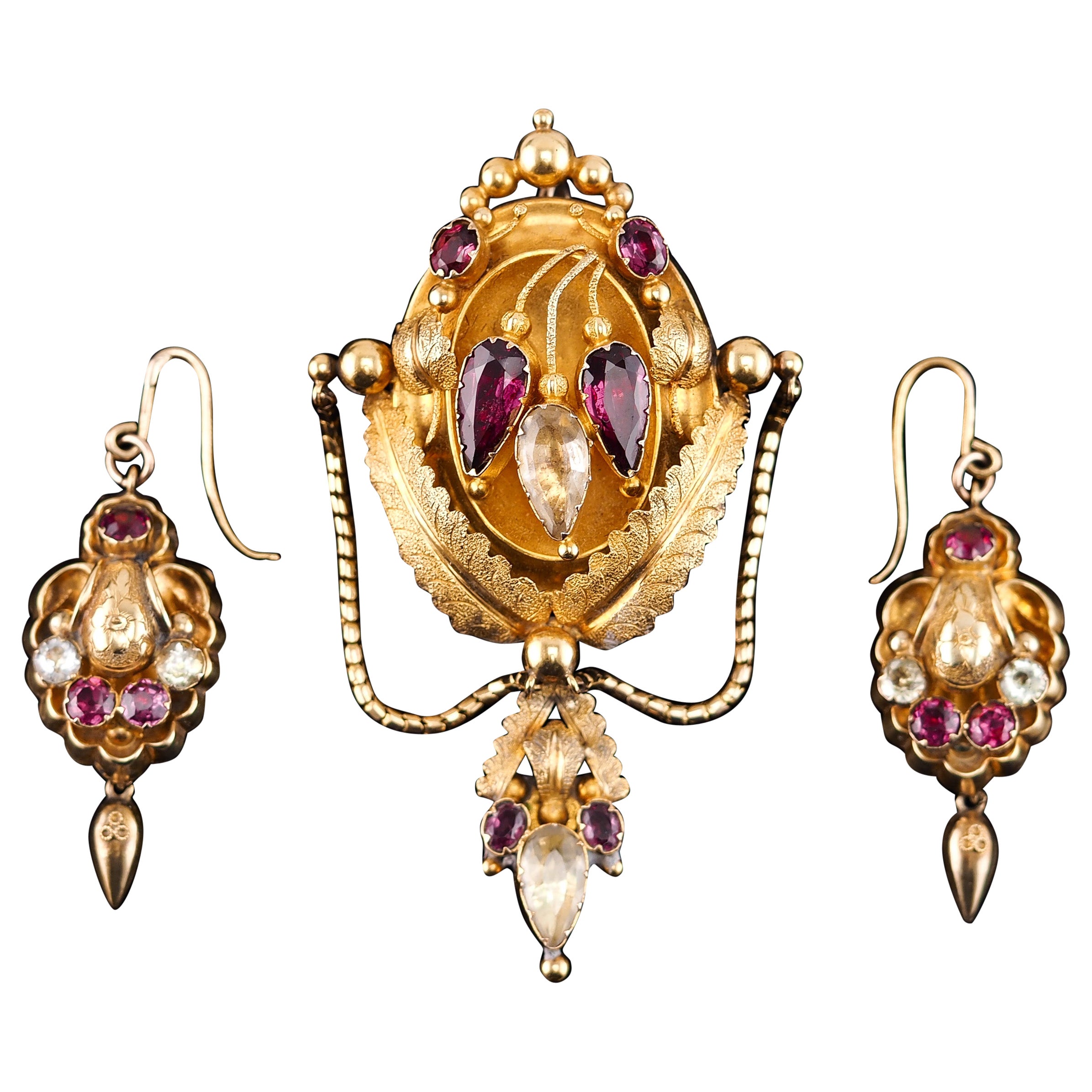 Antique 18K Gold Brooch Pendant 
Earrings Garnet 
Chrysoberyl - c.1870
