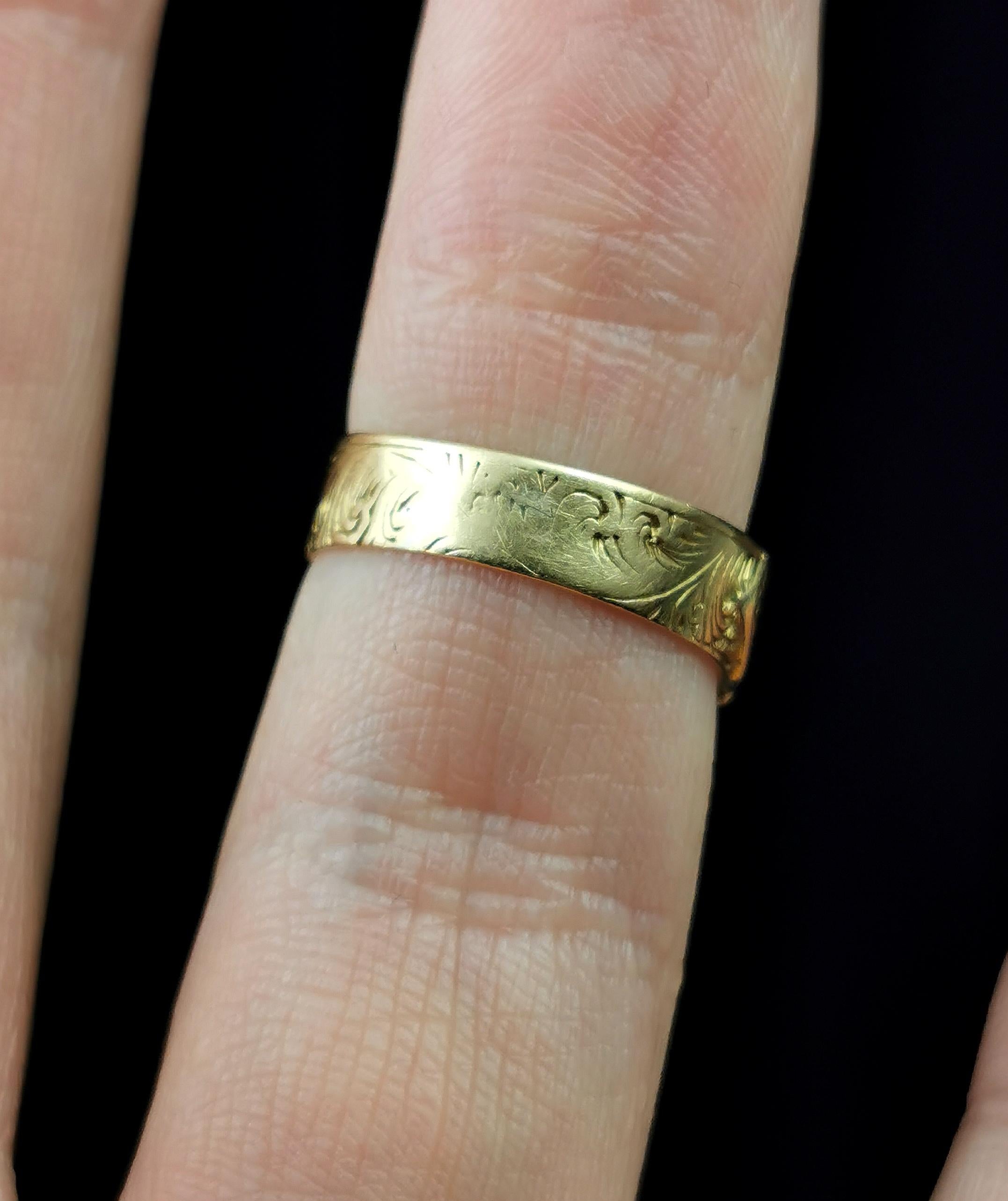 Edwardian Antique 18k Gold Buckle Ring, Engraved Band