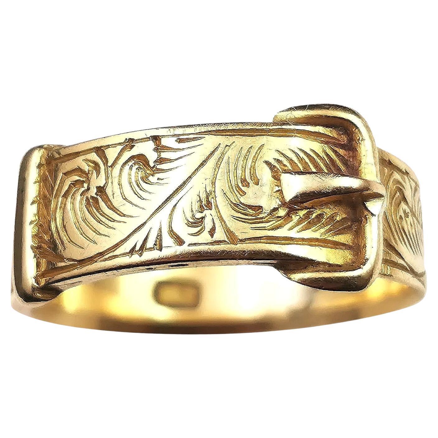 Antique 18k Gold Buckle Ring, Engraved Band