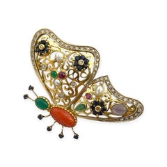 Antique 18k Gold Butterfly Brooch with Gemstones: Sapphire Diamonds Emerald