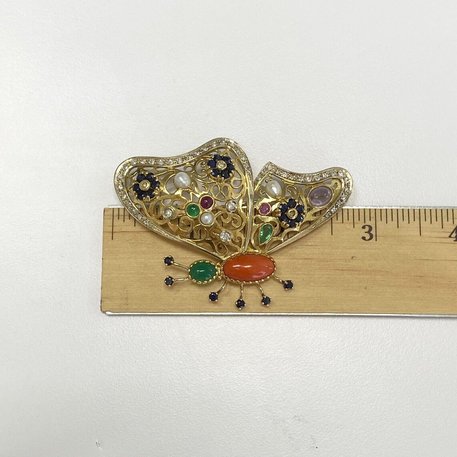 Artisan Antique 18k Gold Butterfly Brooch with Gemstones: Sapphire Diamonds Emerald For Sale