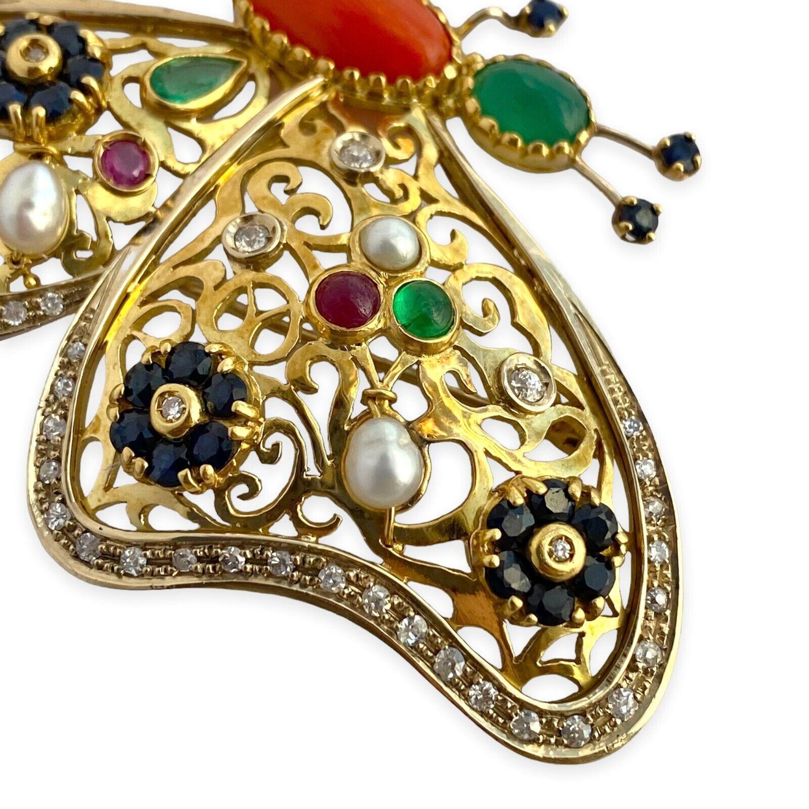 Mixed Cut Antique 18k Gold Butterfly Brooch with Gemstones: Sapphire Diamonds Emerald For Sale