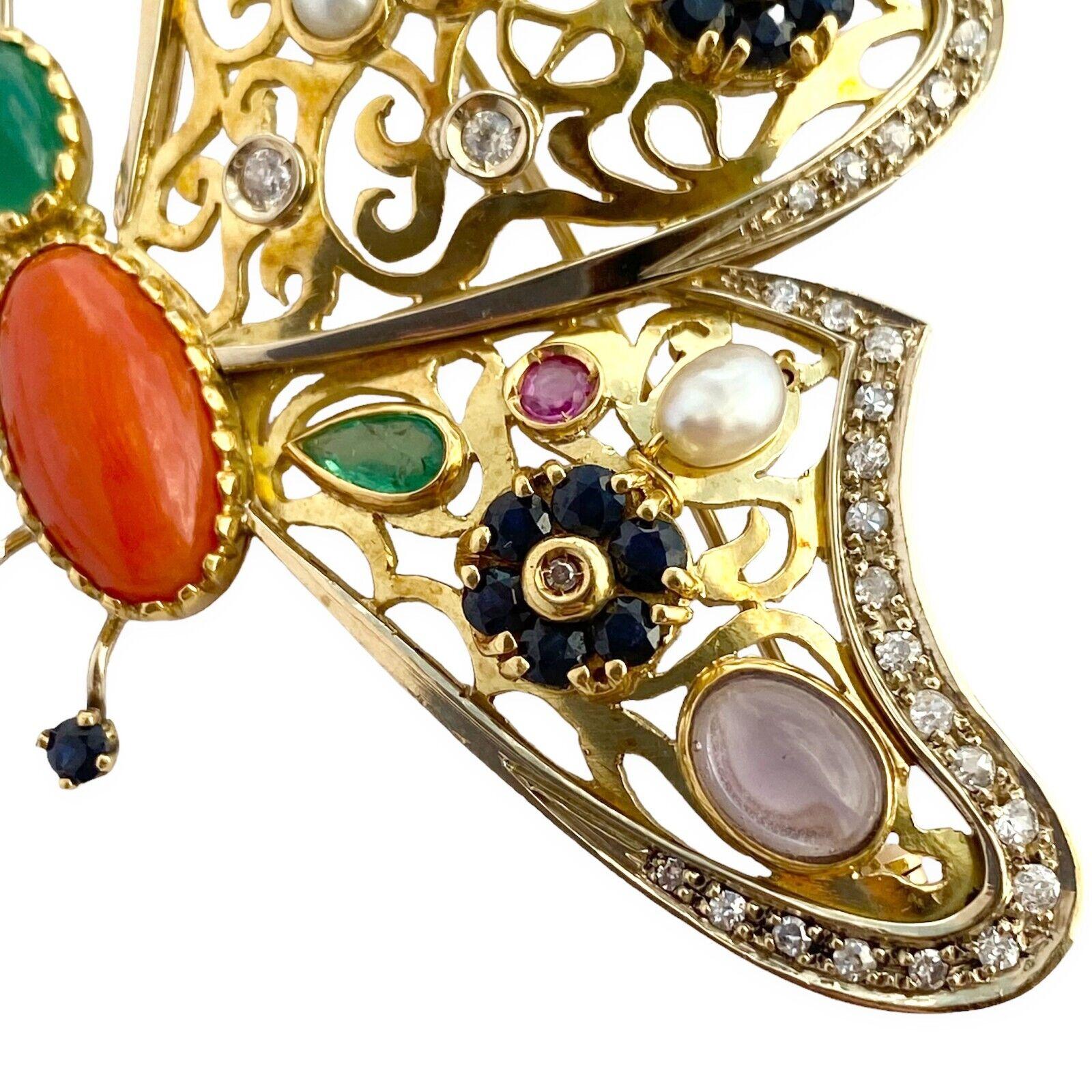 Antique 18k Gold Butterfly Brooch with Gemstones: Sapphire Diamonds Emerald In Excellent Condition For Sale In Los Angeles, CA