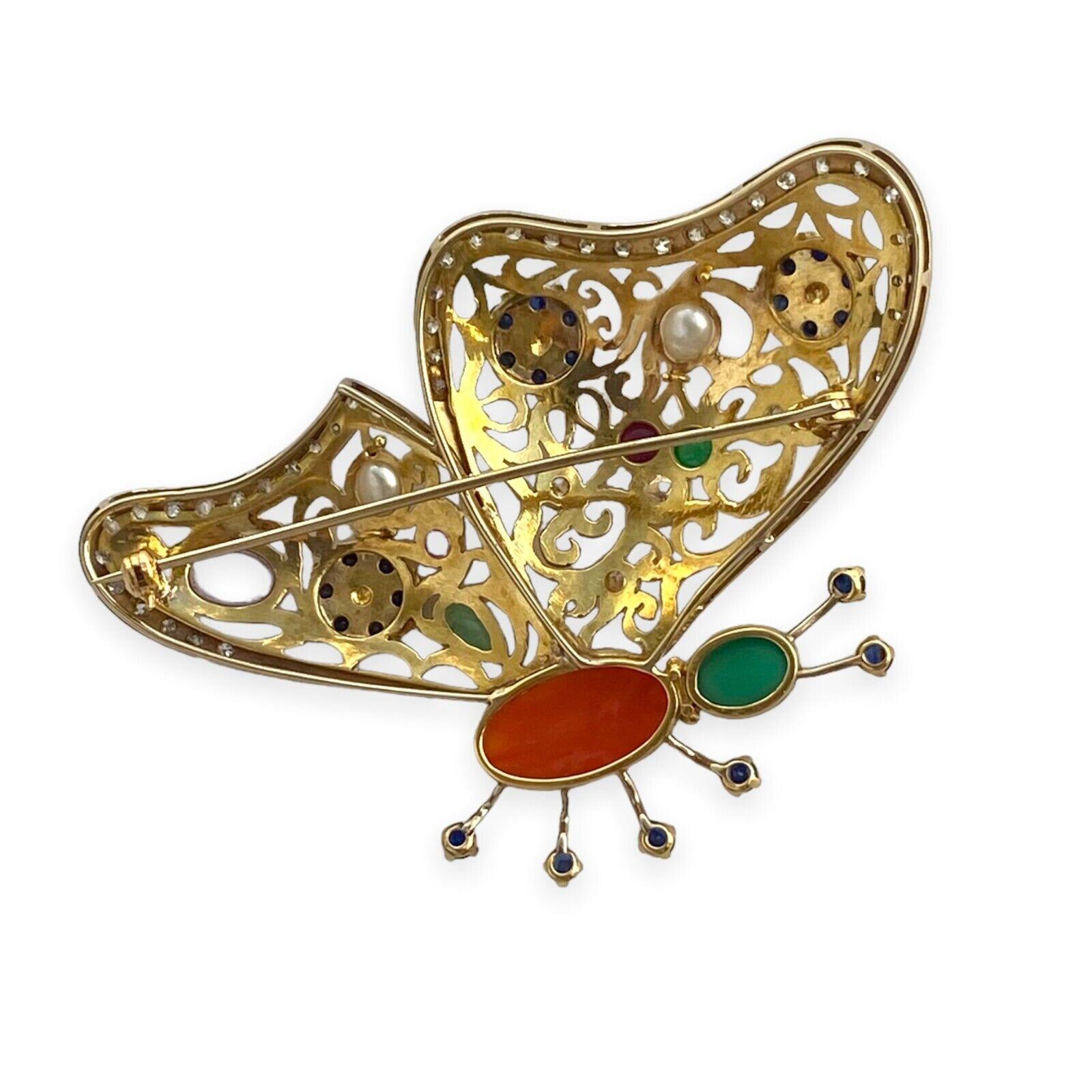 Women's or Men's Antique 18k Gold Butterfly Brooch with Gemstones: Sapphire Diamonds Emerald For Sale