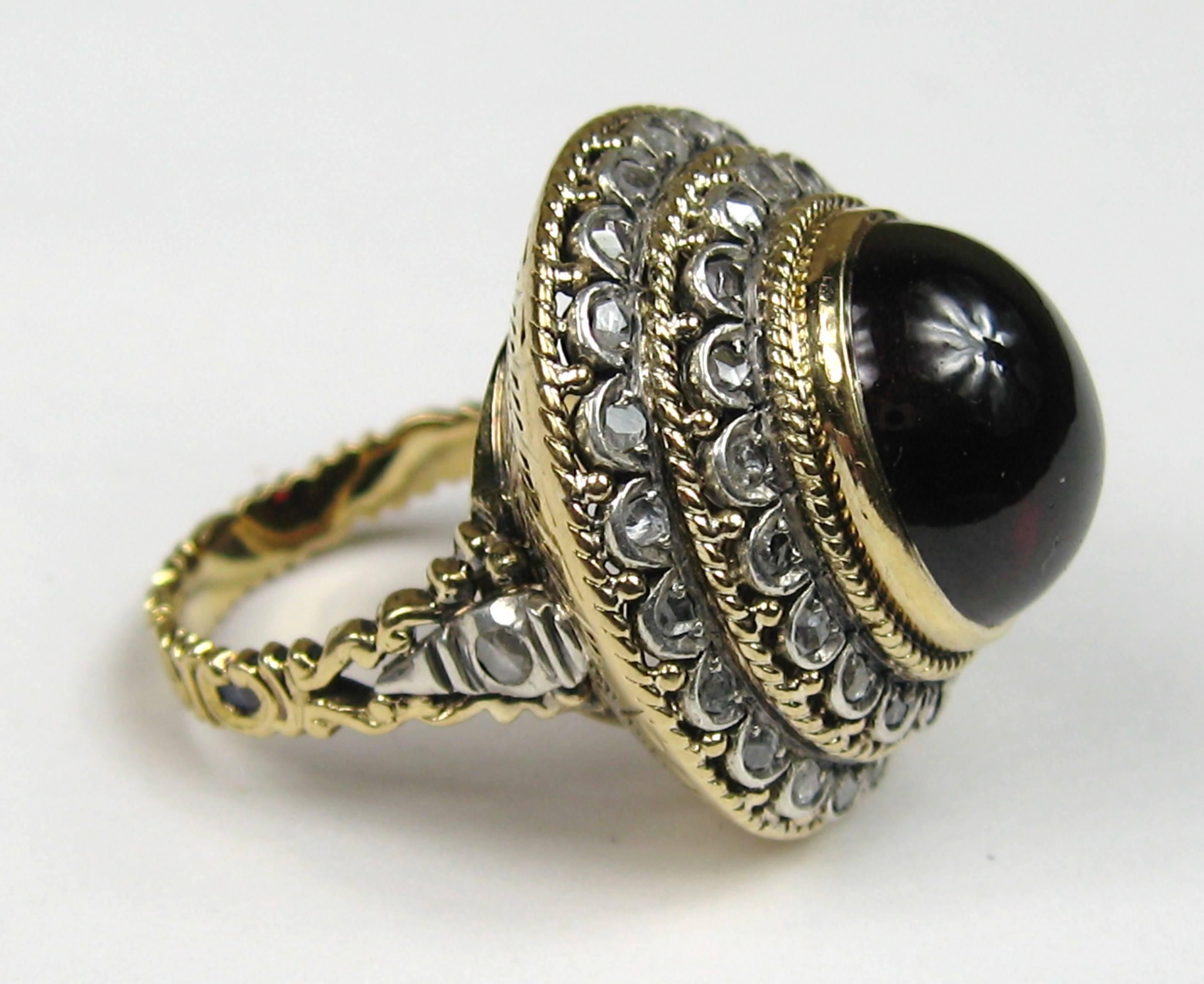 Cabochon 18K Gold Garnet Ring w/ Mine Cut Diamonds  For Sale