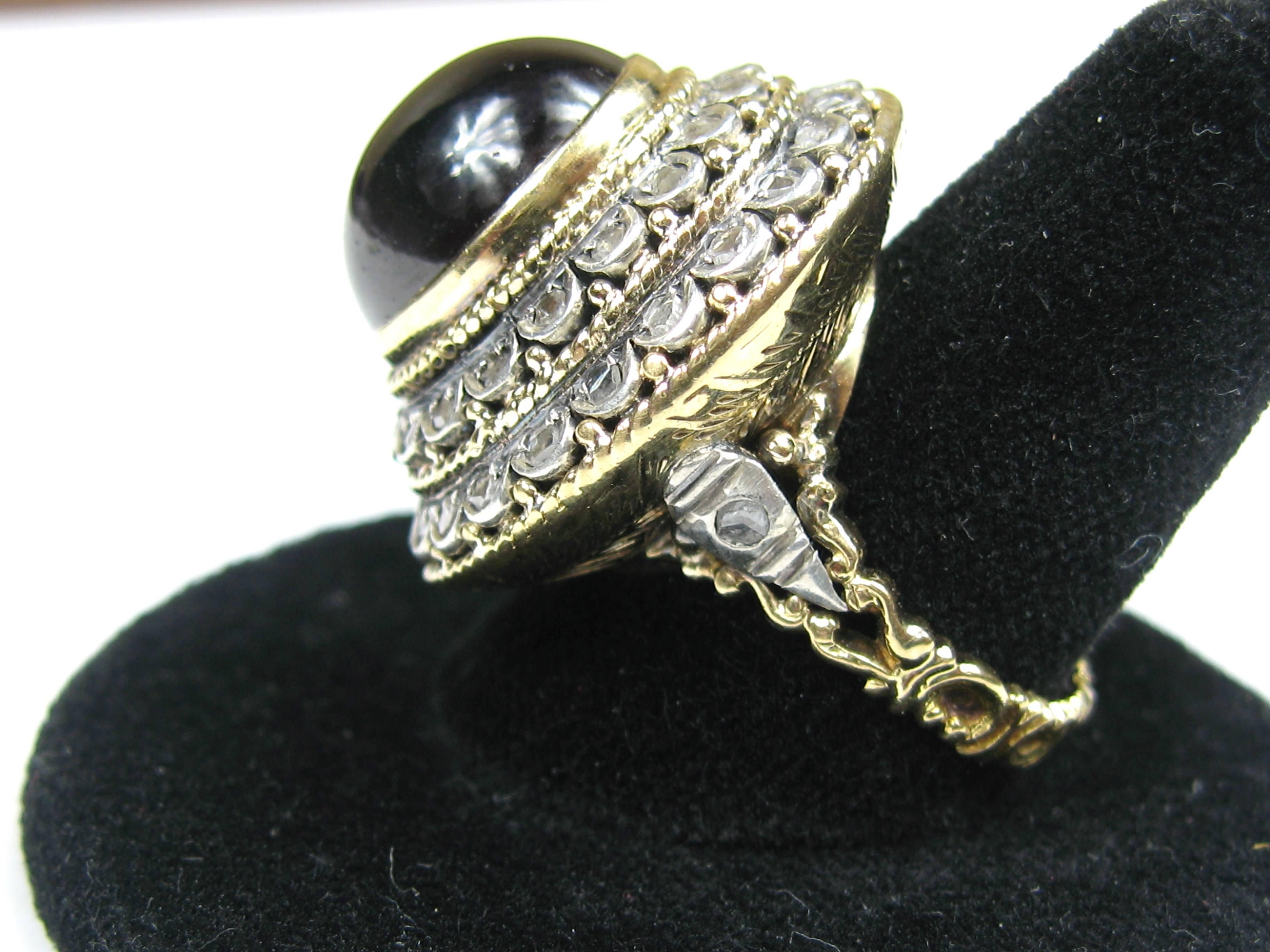 18K Gold Garnet Ring w/ Mine Cut Diamonds  For Sale 2