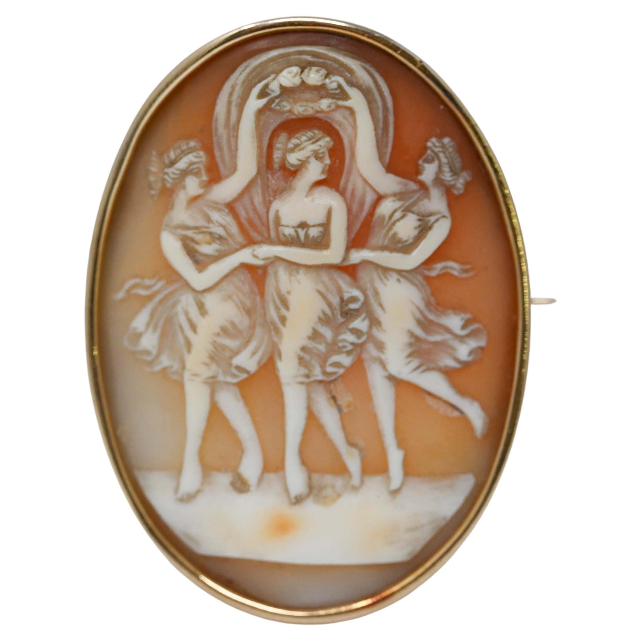 Antique 18k Gold Cameo Carving the Three Graces For Sale
