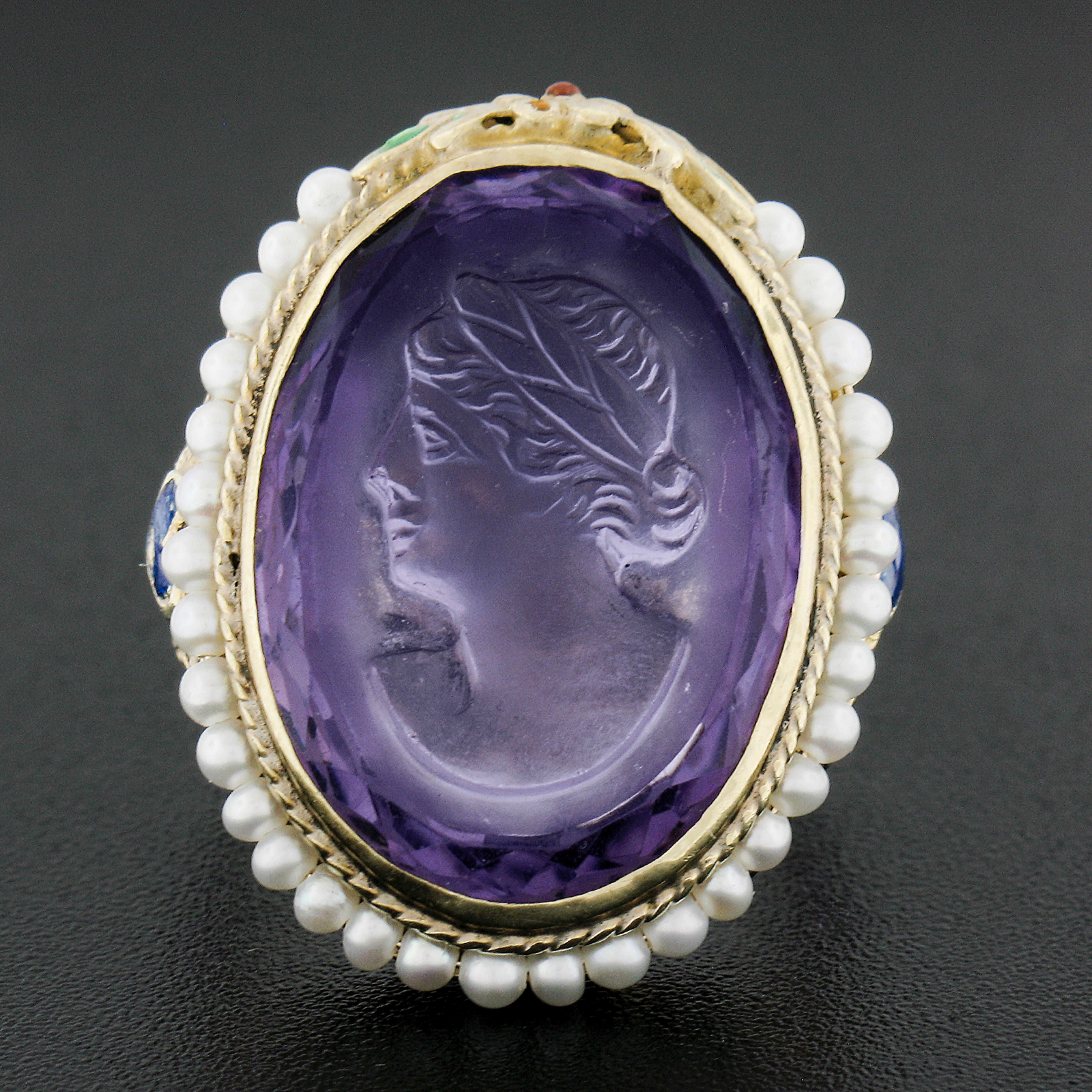 Oval Cut Antique 18k Gold Carved Oval Amethyst Solitaire & Pearl Halo Enamel Work Ring For Sale