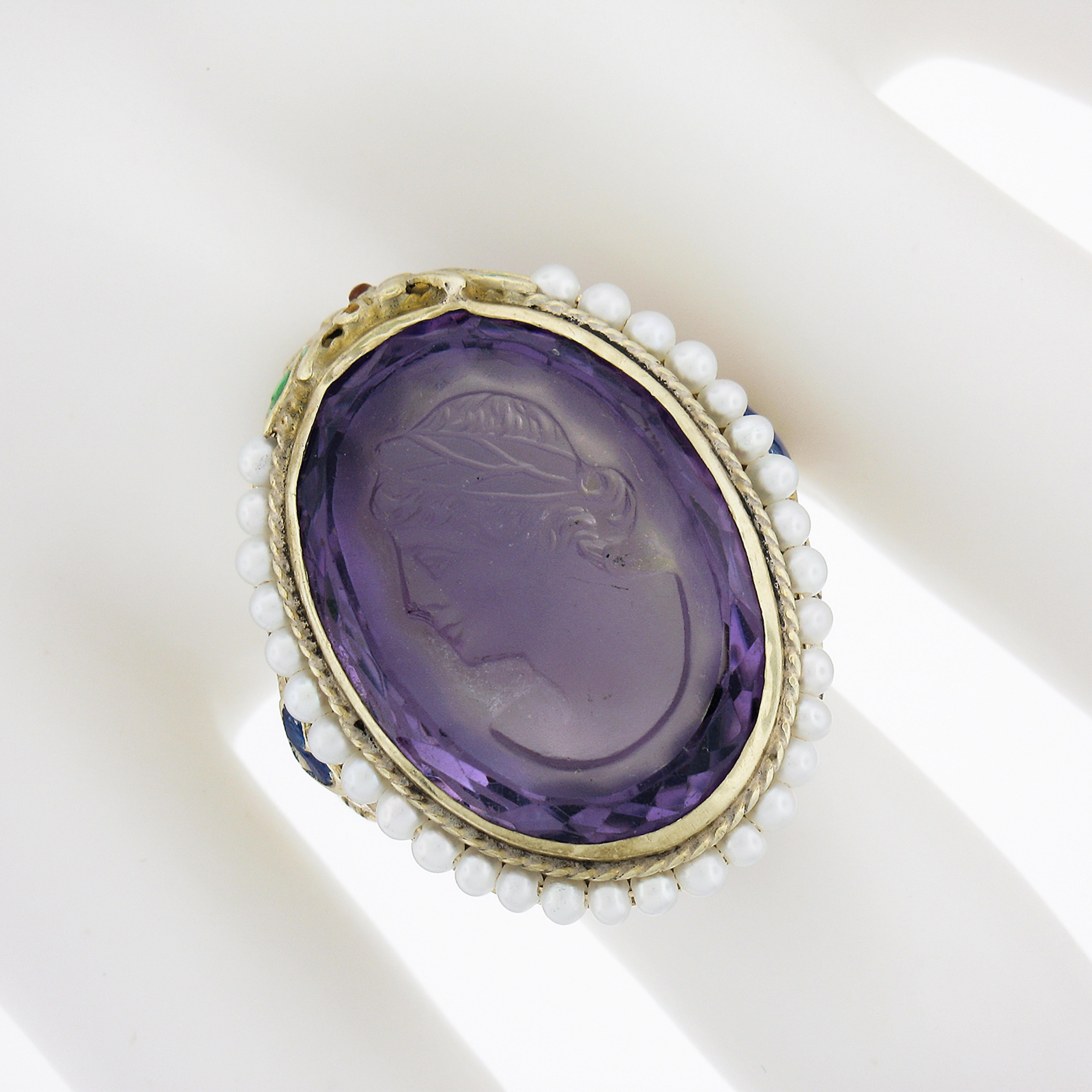 Antique 18k Gold Carved Oval Amethyst Solitaire & Pearl Halo Enamel Work Ring In Good Condition For Sale In Montclair, NJ