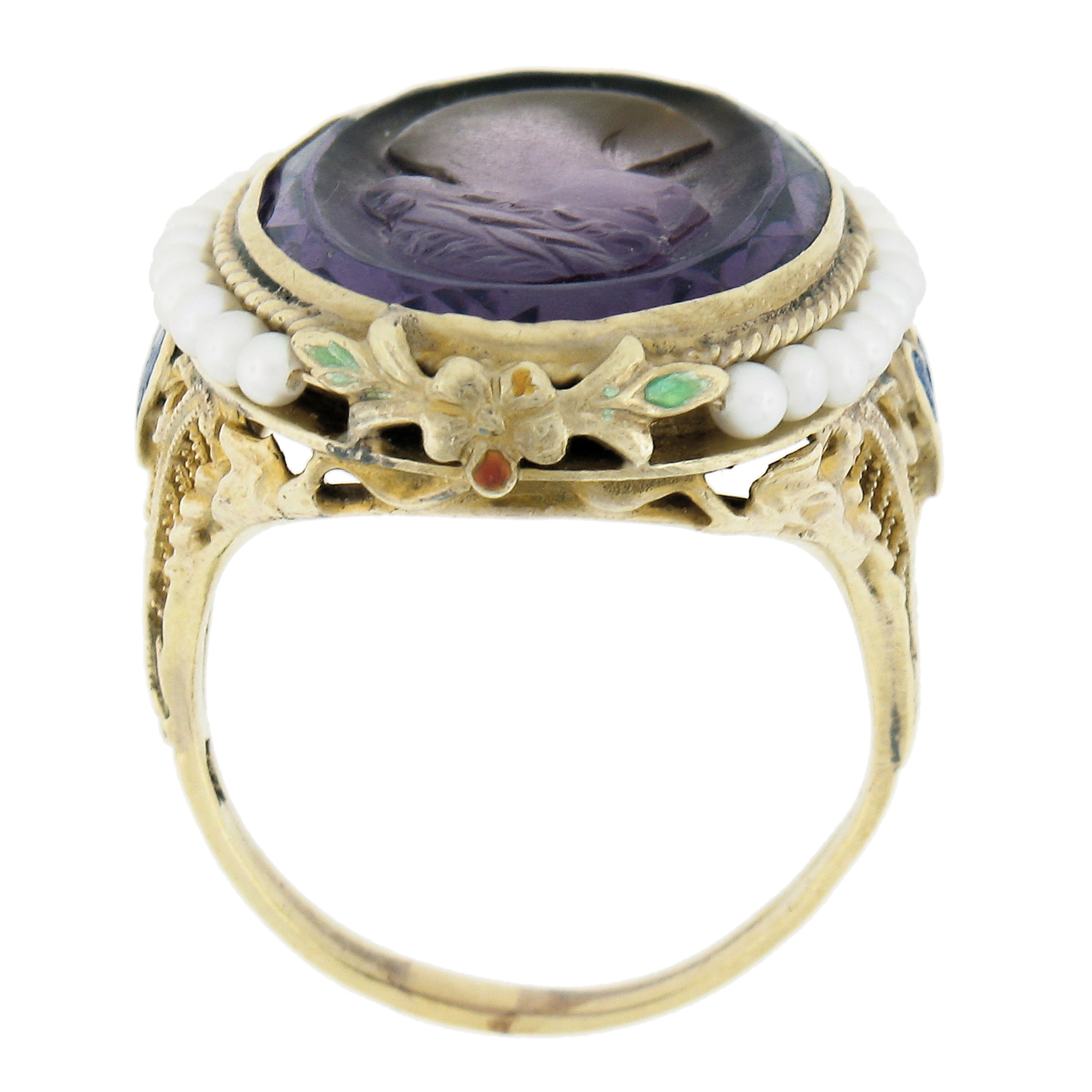 Antique 18k Gold Carved Oval Amethyst Solitaire & Pearl Halo Enamel Work Ring For Sale 3